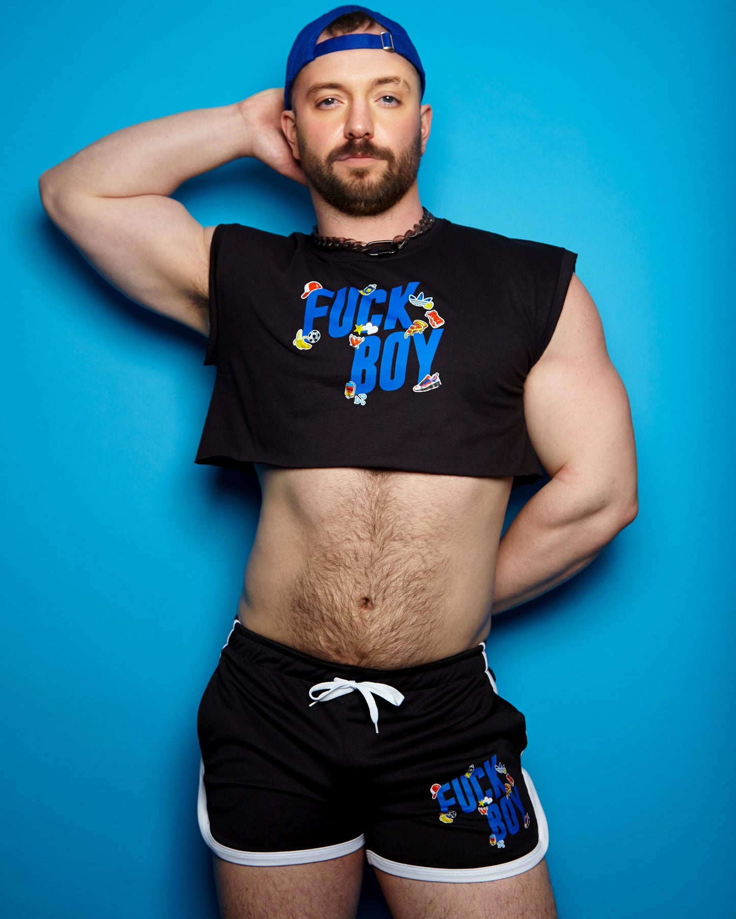 Double pack - F-boy, blue on black, sleeveless crop and short shorts - Full outfit.