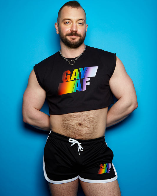 Double pack - Gay AF on black, sleeveless crop and short shorts - Full outfit.