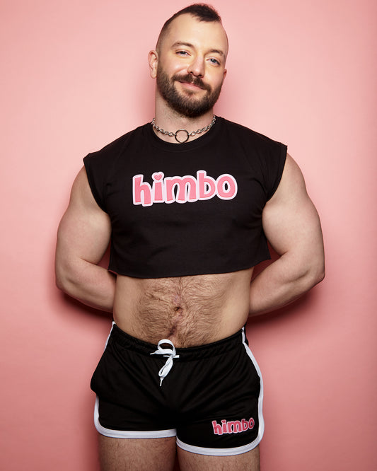 Double pack - Himbo, pink on black, sleeveless crop and short shorts - Full outfit.