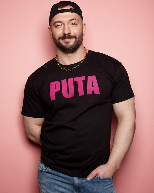 PUTA, fuchsia flock on black - tee - HOMOLONDON