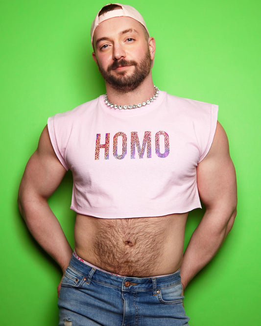 HOMO, pink sparkle on pink - mens crop top. - HOMOLONDON