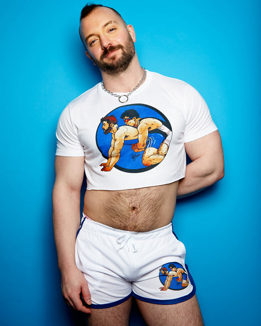 ZACH BRUNNER! Double pack - Team blue, let's wrestle, crop -top and short shorts - full outfit.