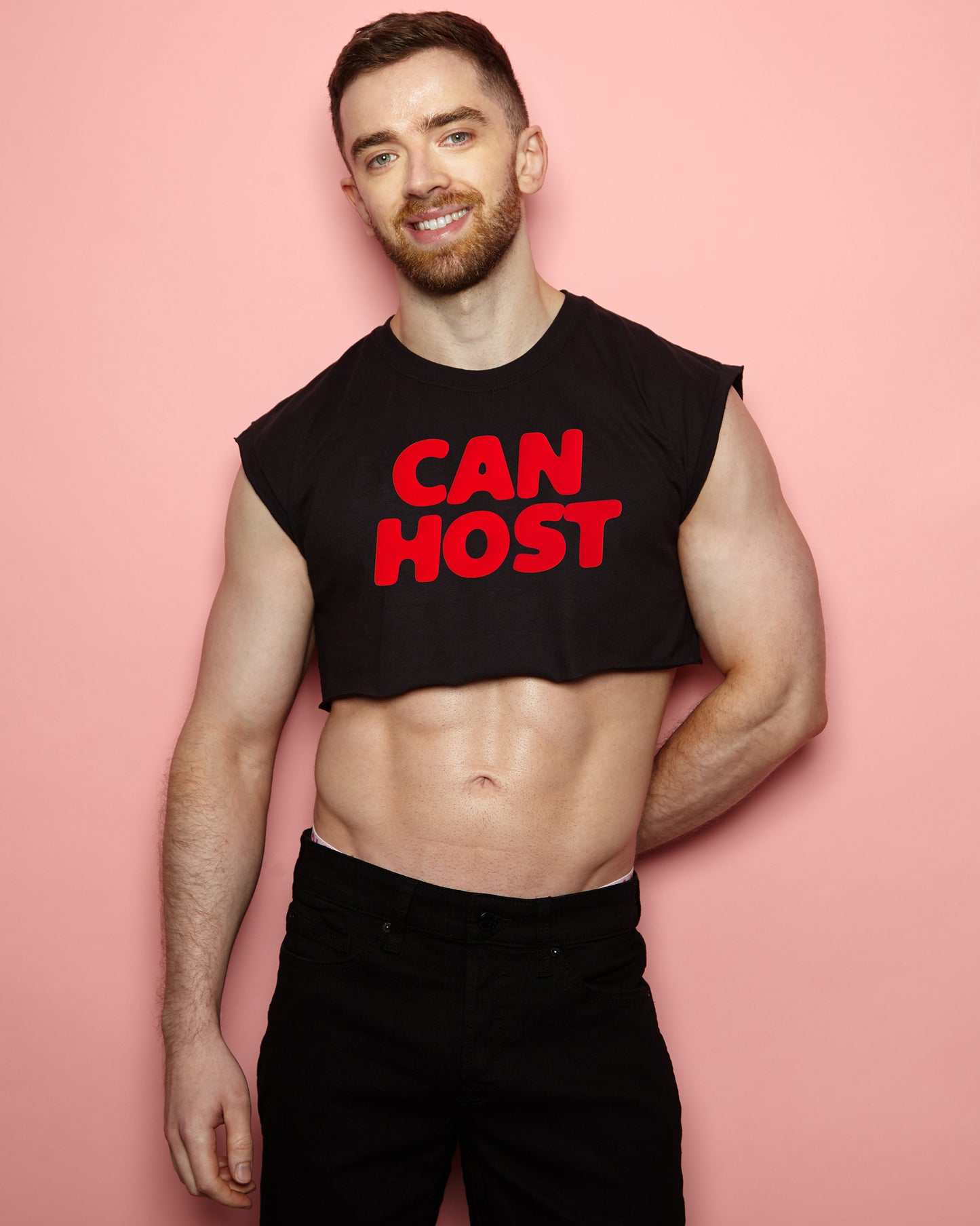 Can Host, Red on Black - Sleeveless crop-top.