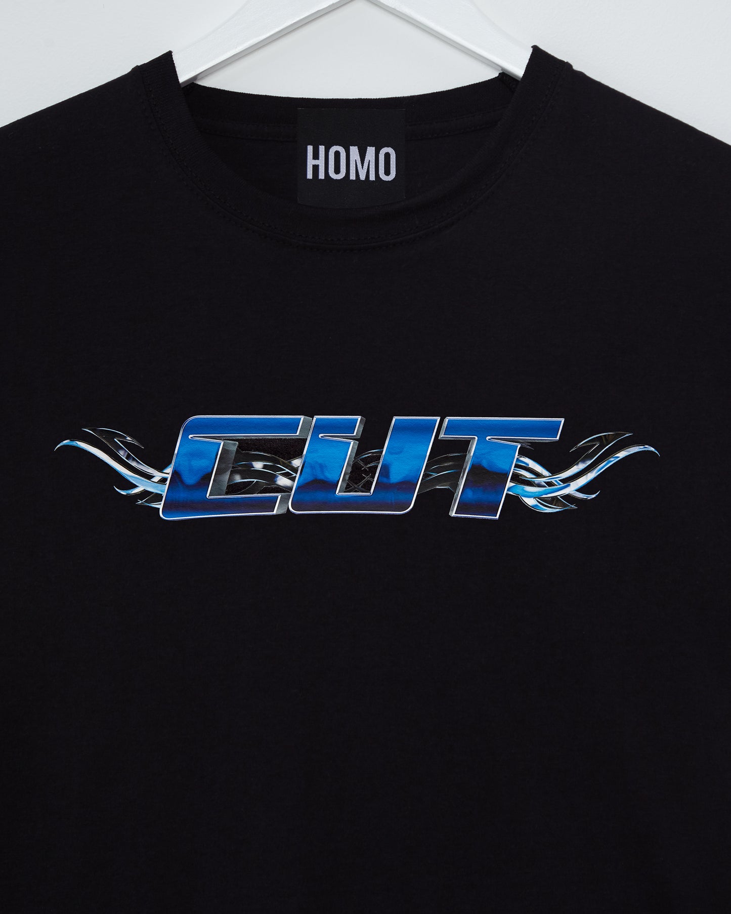 Chrome Y2K: CUT, blue and silver on black - tee.