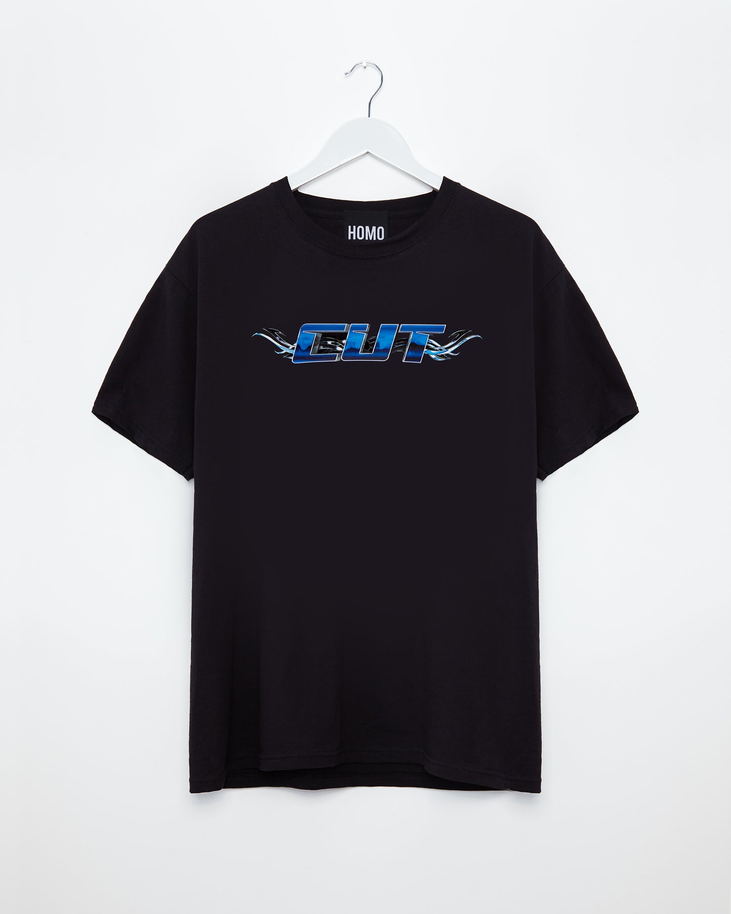 Chrome Y2K: CUT, blue and silver on black - tee.