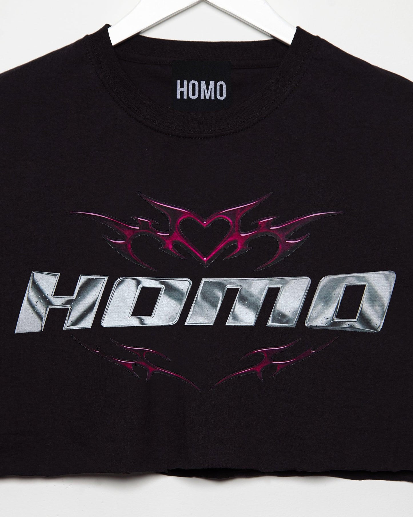 Chrome Y2K: HOMO, silver and pink on black - sleeveless crop top.
