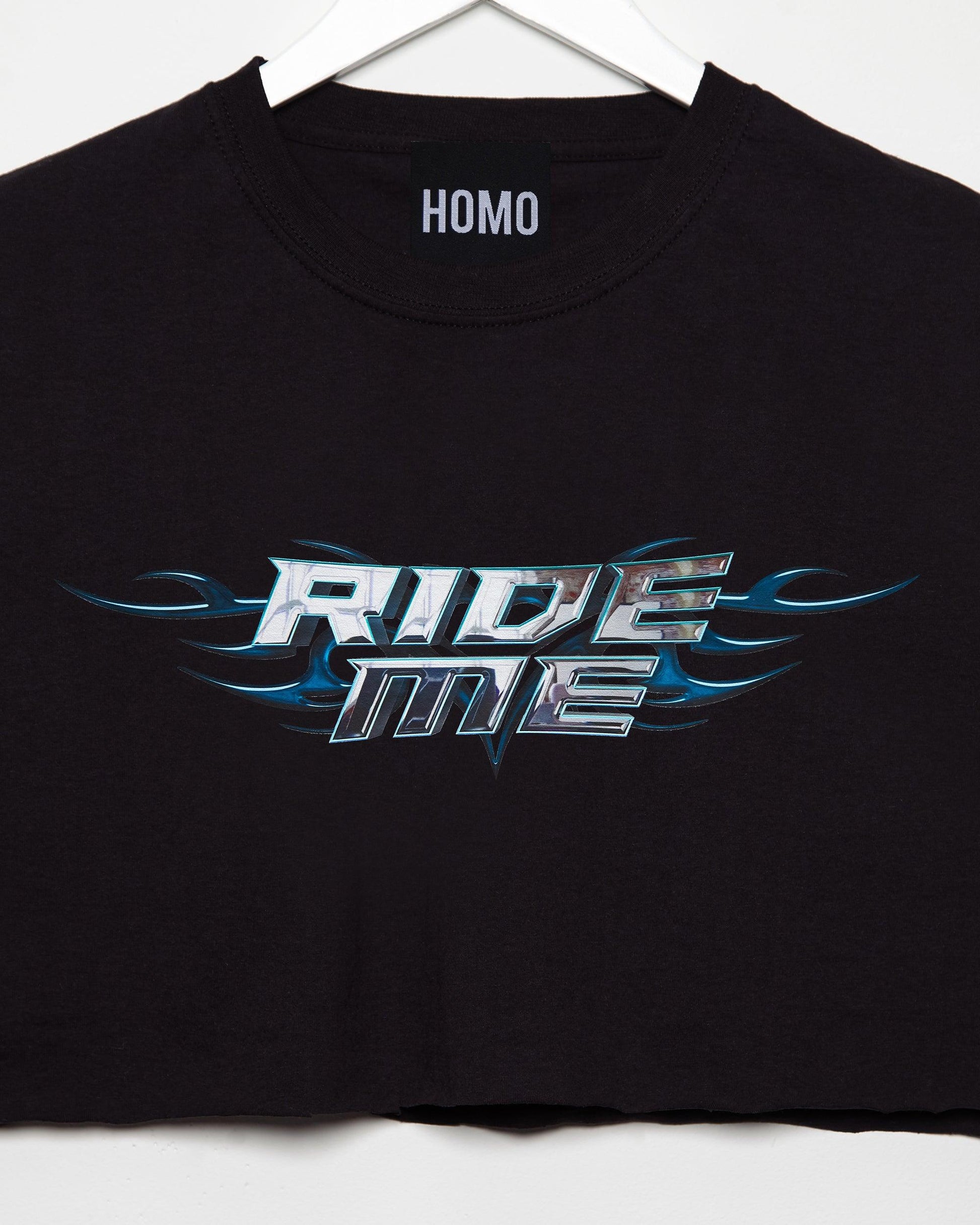 Chrome Y2K: RIDE ME, silver on black - mens sleeveless crop top. - HOMOLONDON