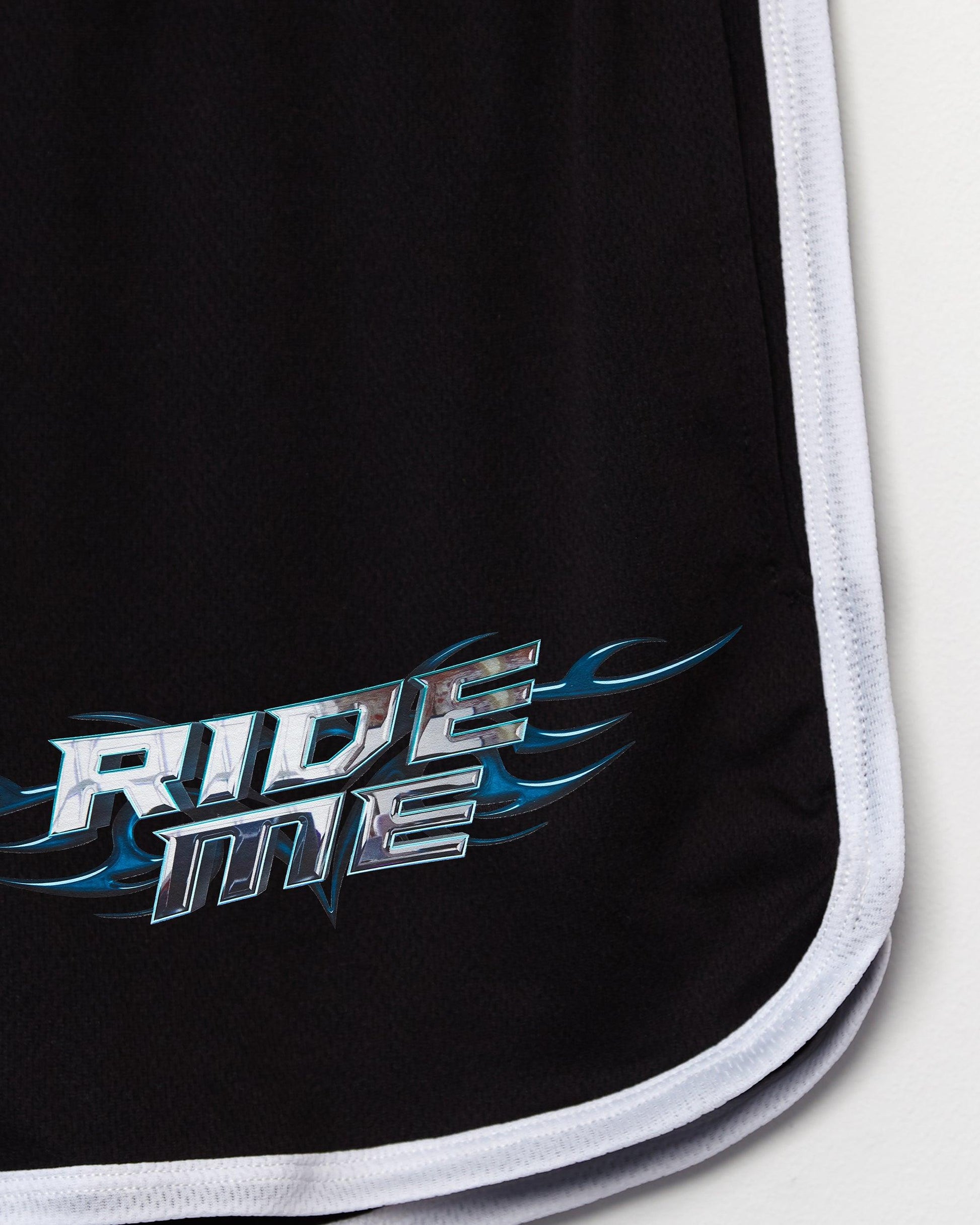 Chrome Y2K: RIDE ME, silver on black - short shorts. - HOMOLONDON