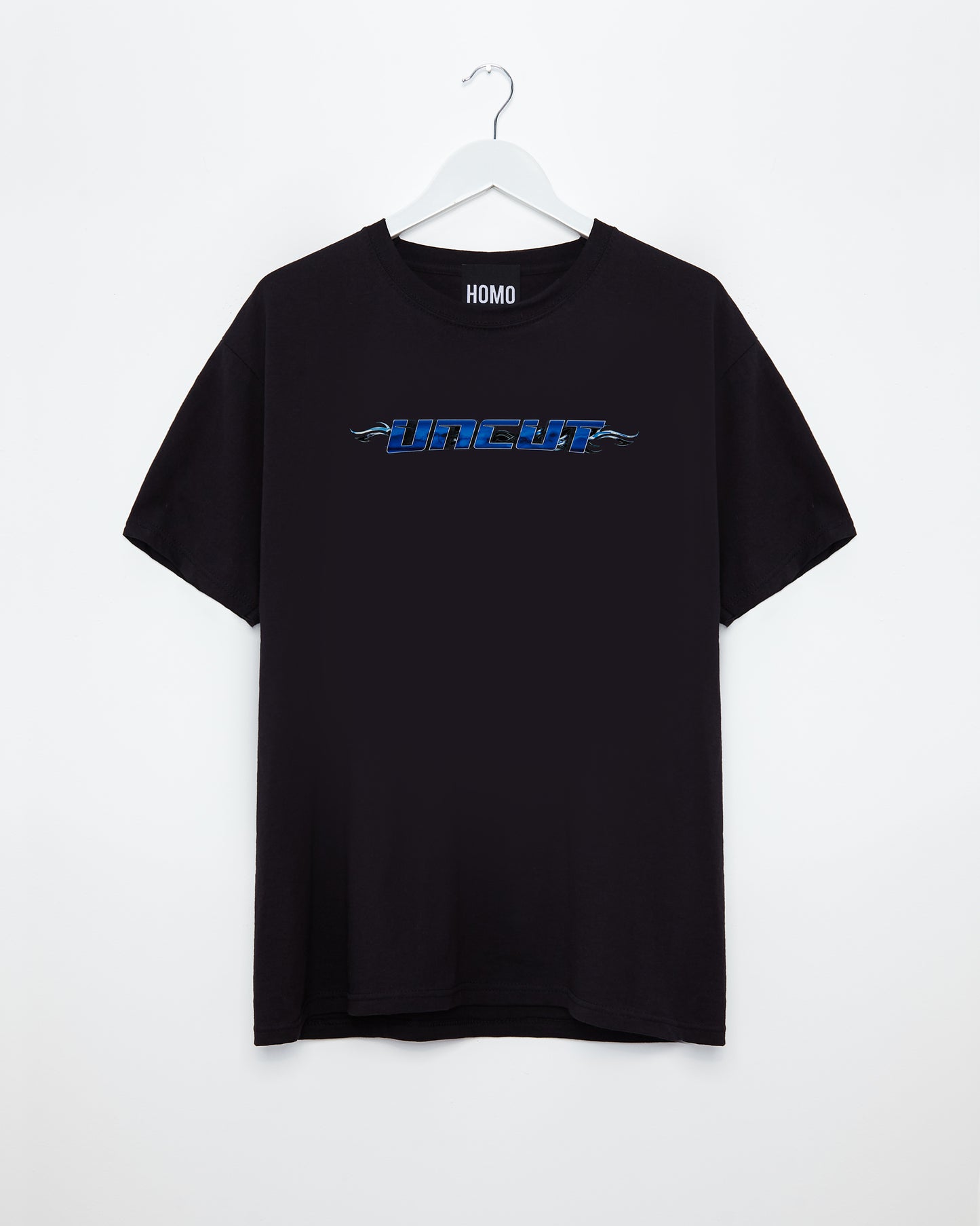 Chrome Y2K: UNCUT, blue and silver on black - tee.