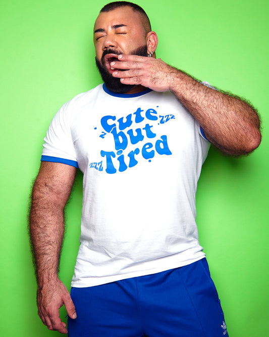 Cute but tired, blue flock print on white - blue trim (slim fit) tee