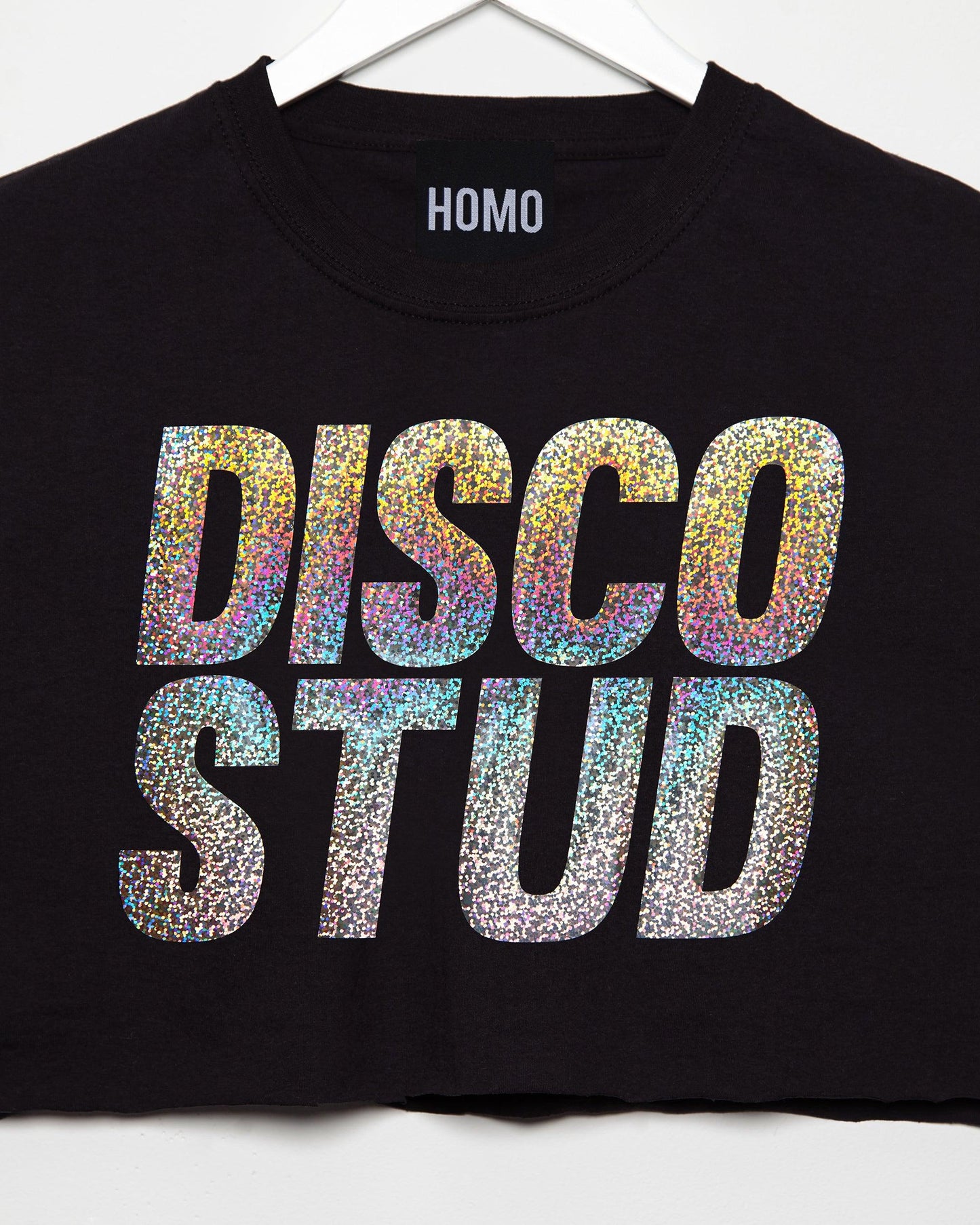 Disco stud, hologram sparkle on black - crop top.