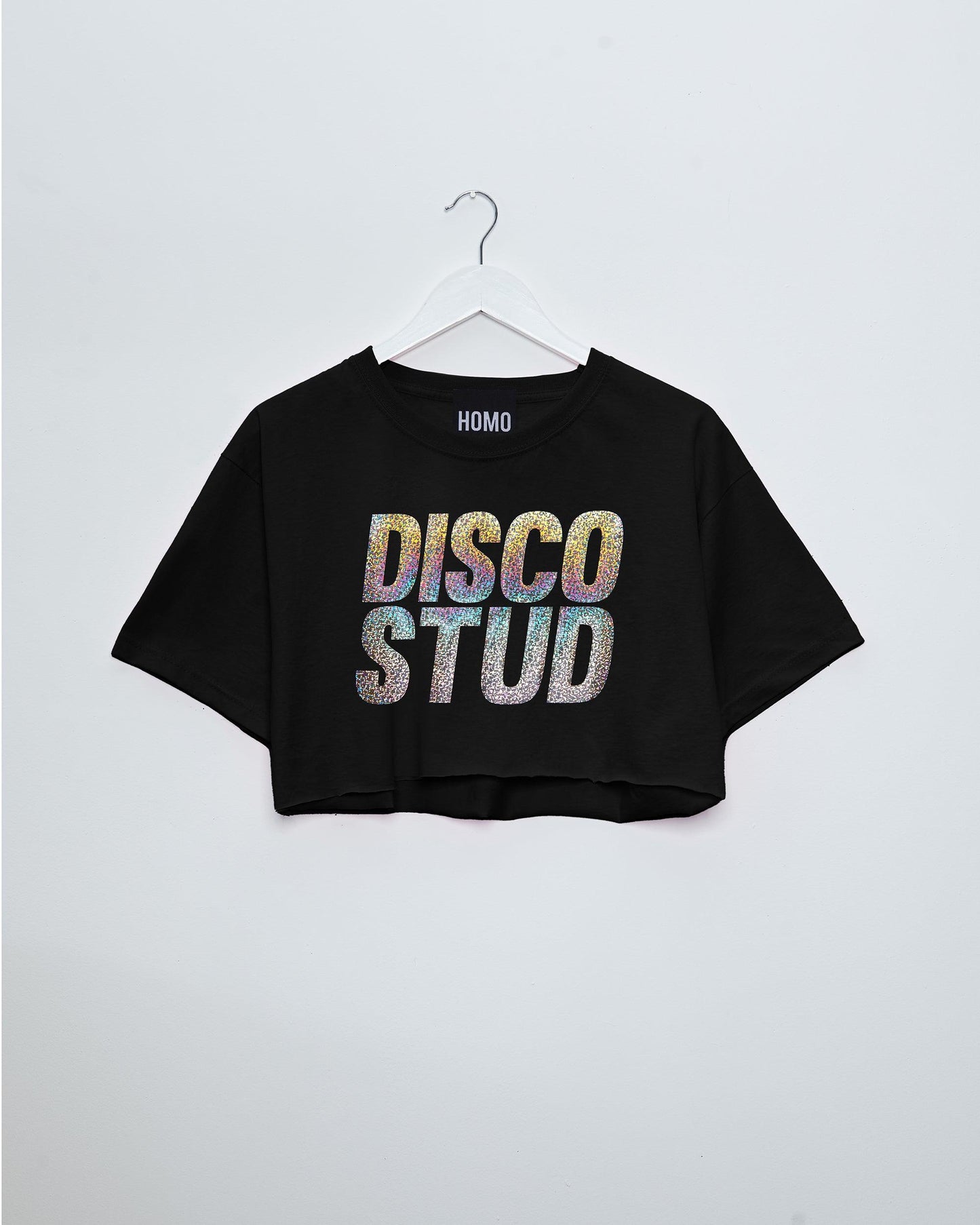 Disco stud, hologram sparkle on black - crop top.