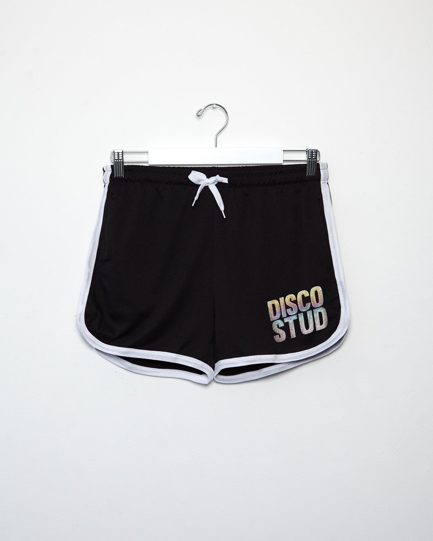 Disco stud, hologram sparkle on black - short shorts.