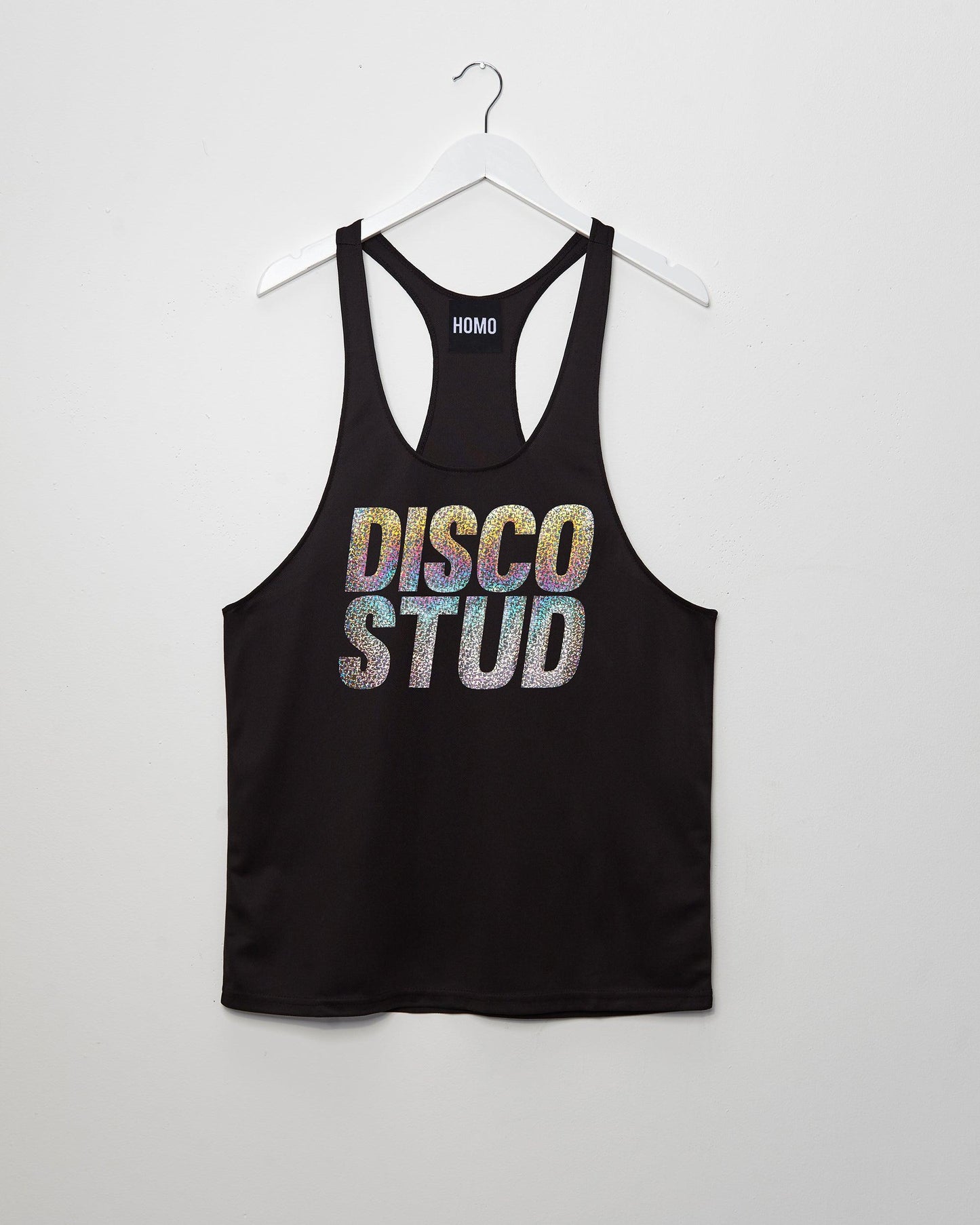 Disco stud, hologram sparkle on black - tank. - HOMOLONDON