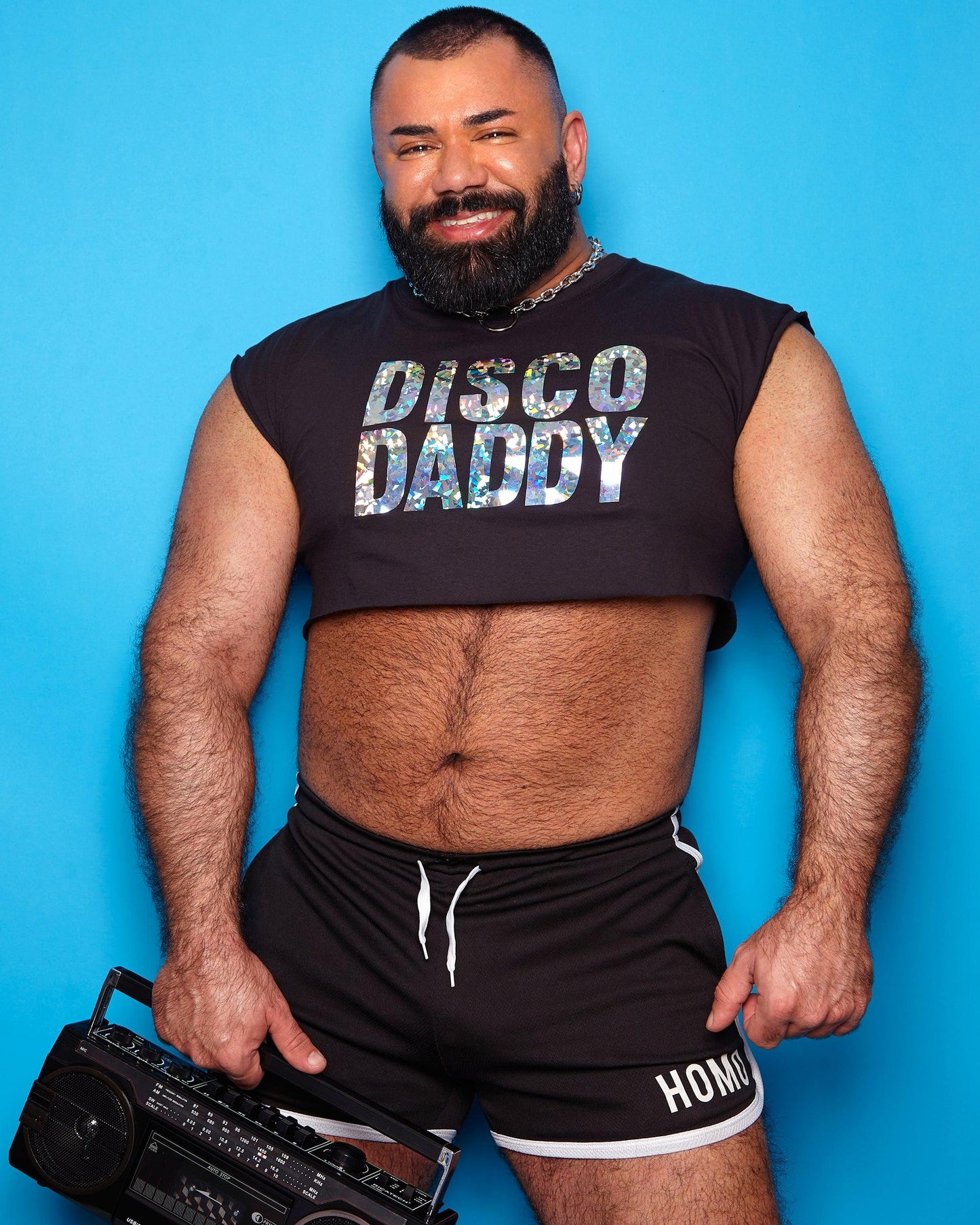DISCO DADDY, sparkle on black - mens sleeveless crop top - HOMOLONDON