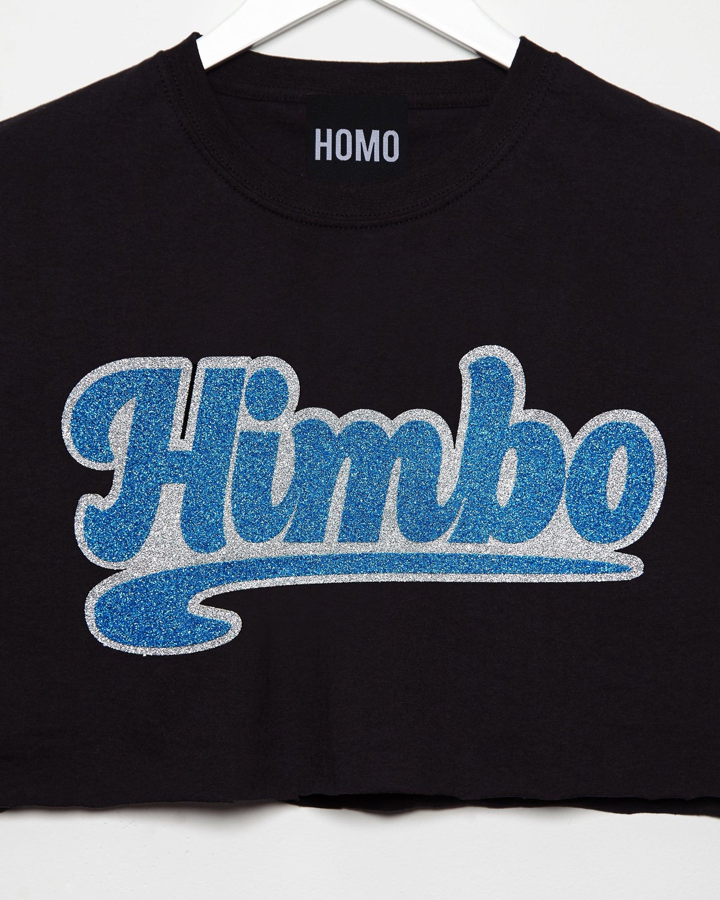 Himbo, blue/silver glitter on black - Sleeveless crop-top.