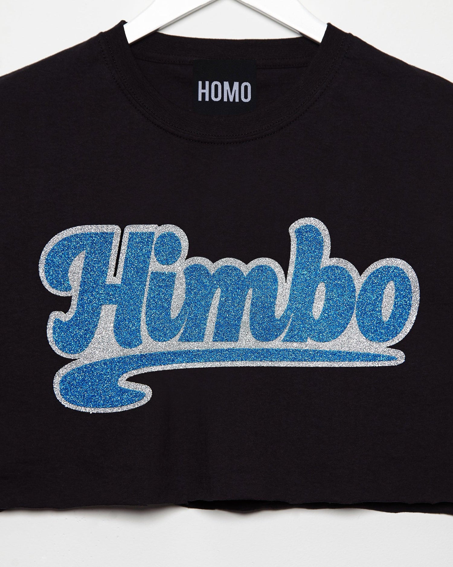 Himbo, blue/silver glitter on black - mens sleeveless crop top. - HOMOLONDON
