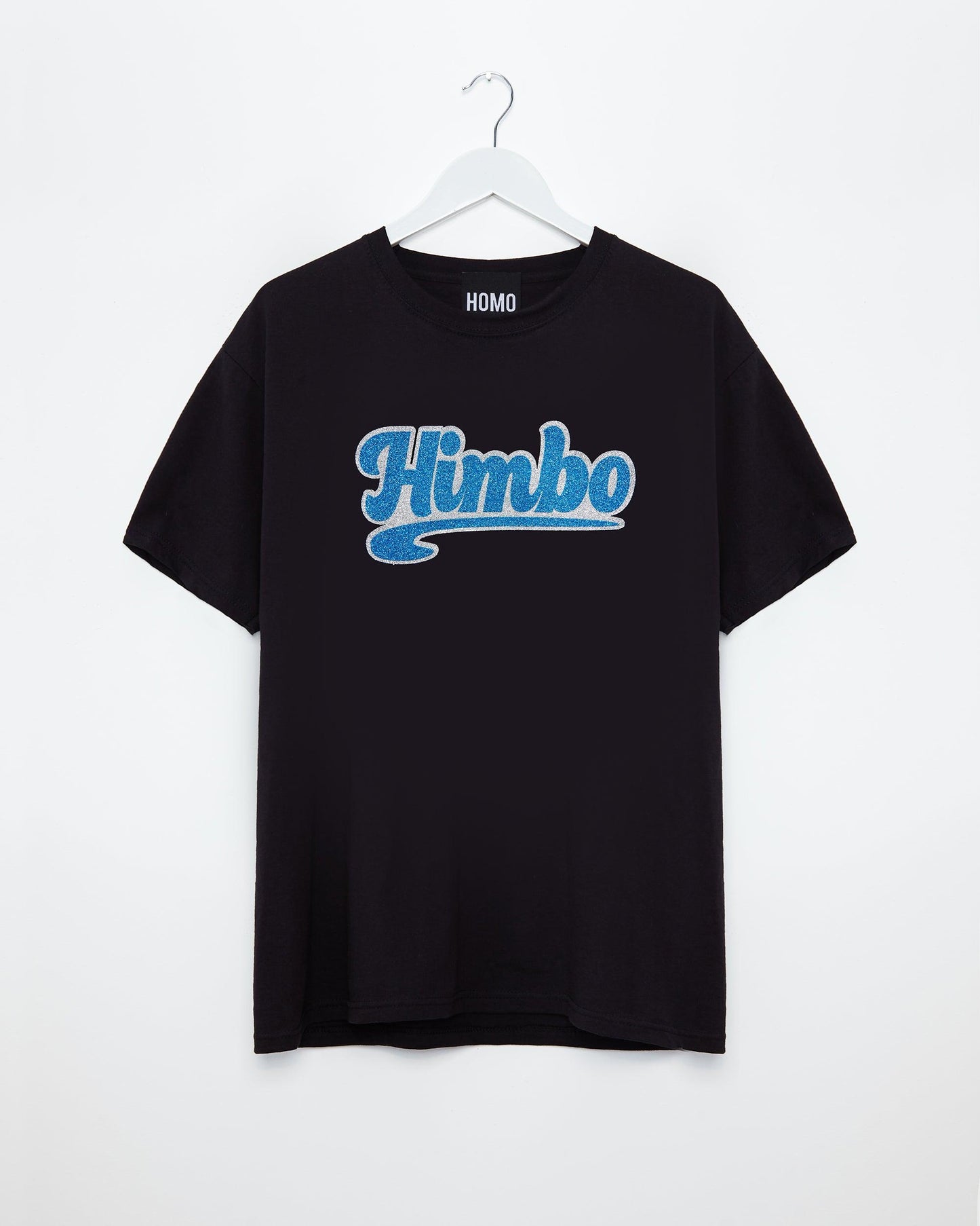 Himbo, blue/silver glitter on black - tee