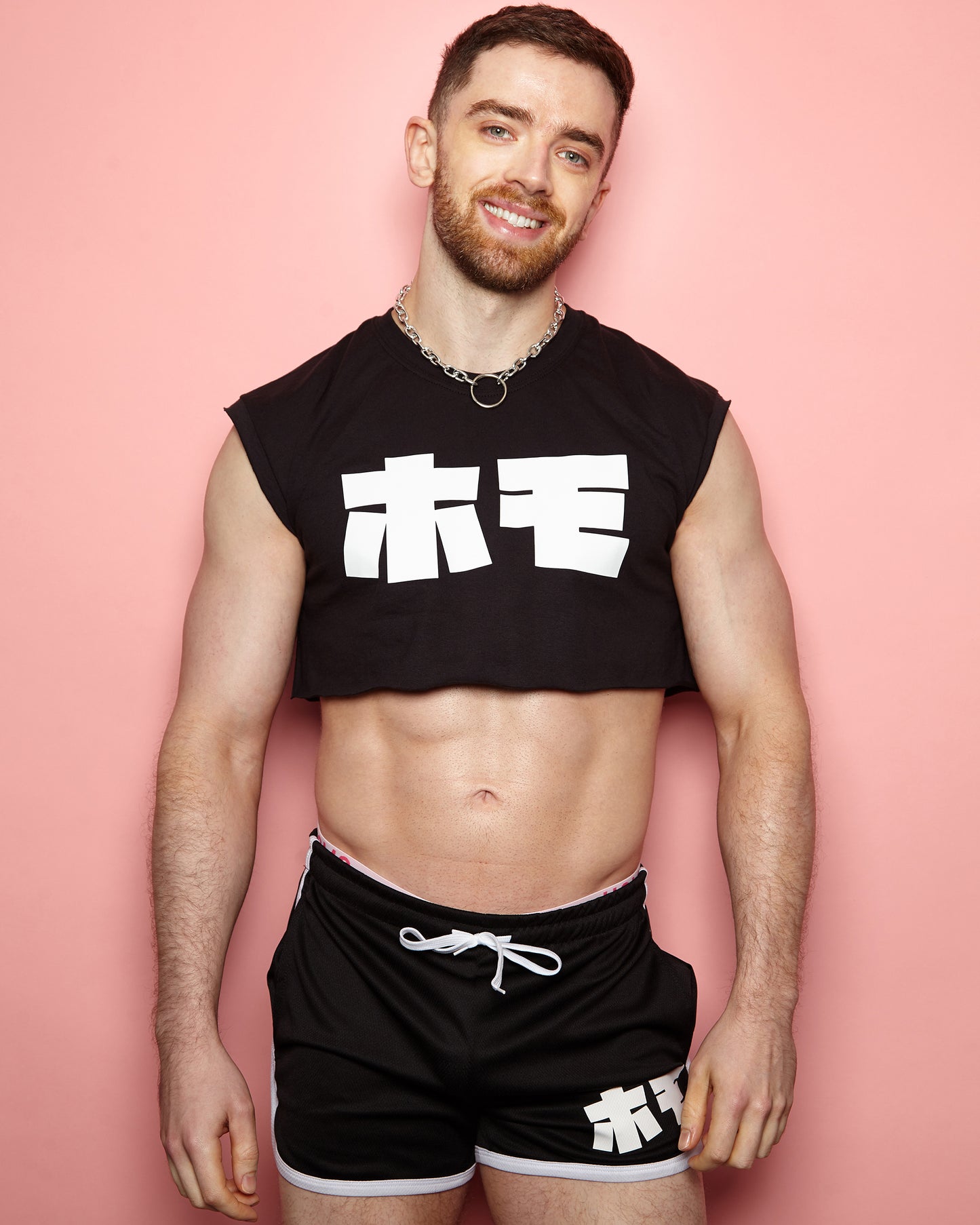 Double Pack - HOMO in Japanese, Sleeveless Crop and Short Shorts - Full outfit.