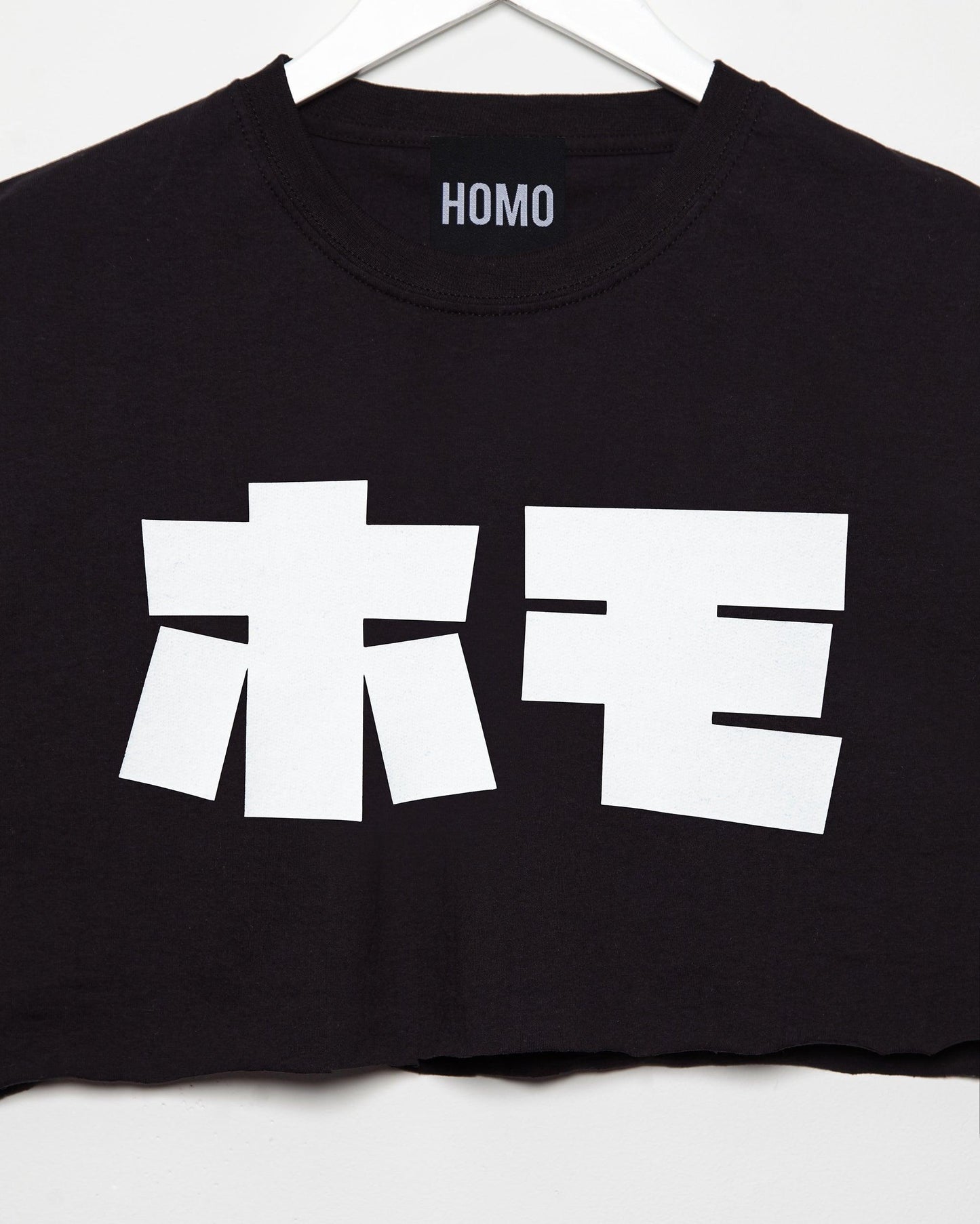 HOMO in Japanese, white on black - mens sleeveless crop top.