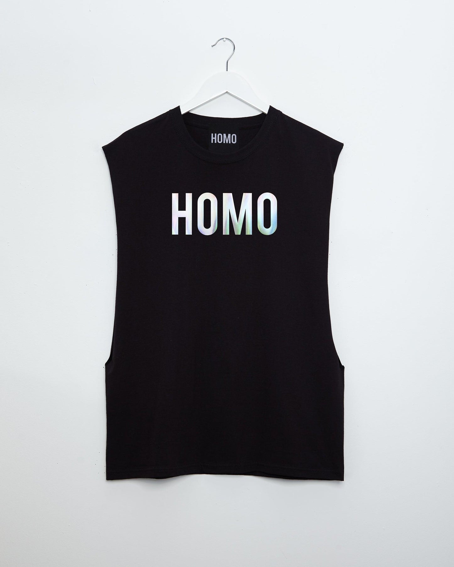 HOMO, sideless tee - hologram on black.
