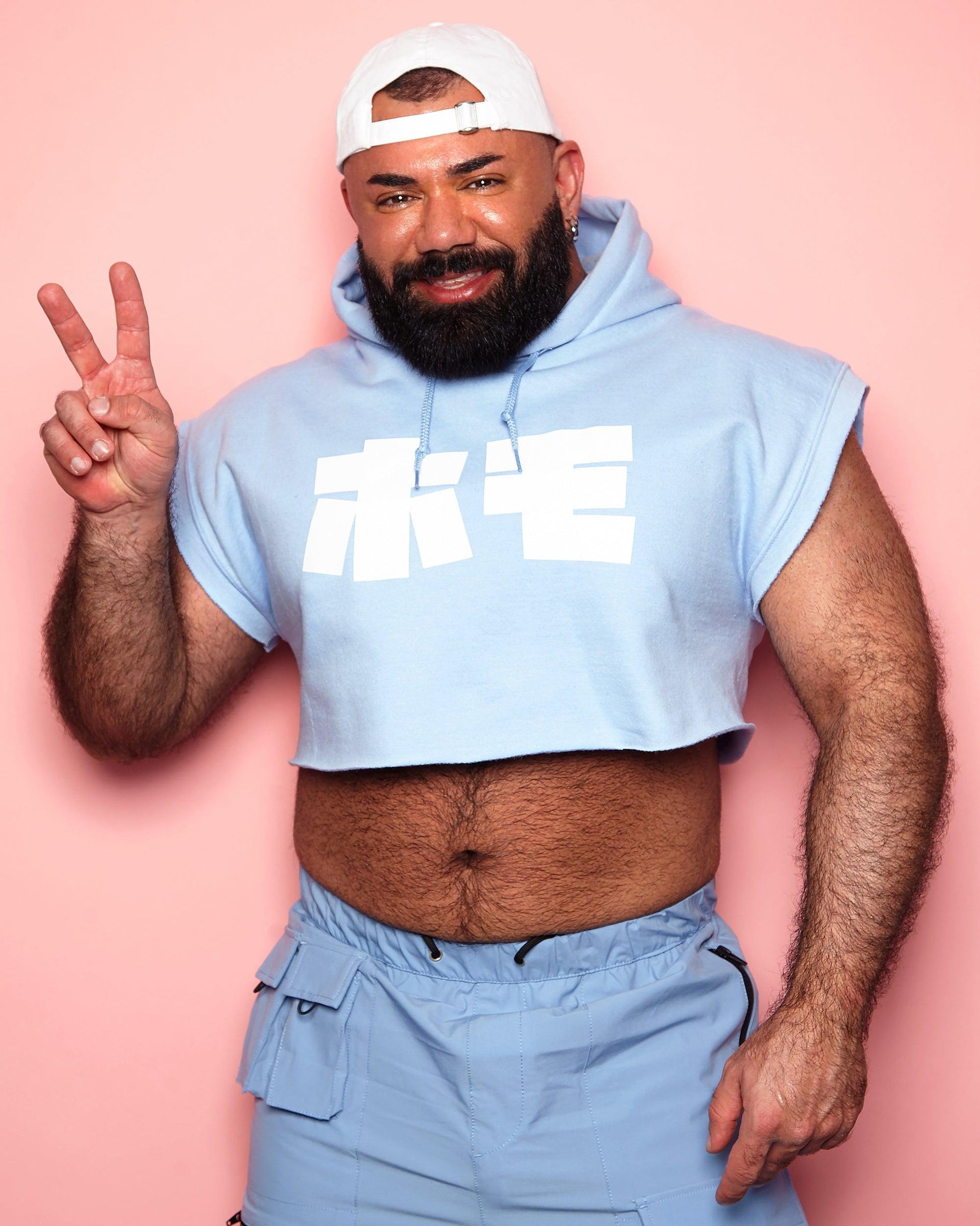 HOMO in Japanese, white on light blue - mens hoodie crop top. - HOMOLONDON