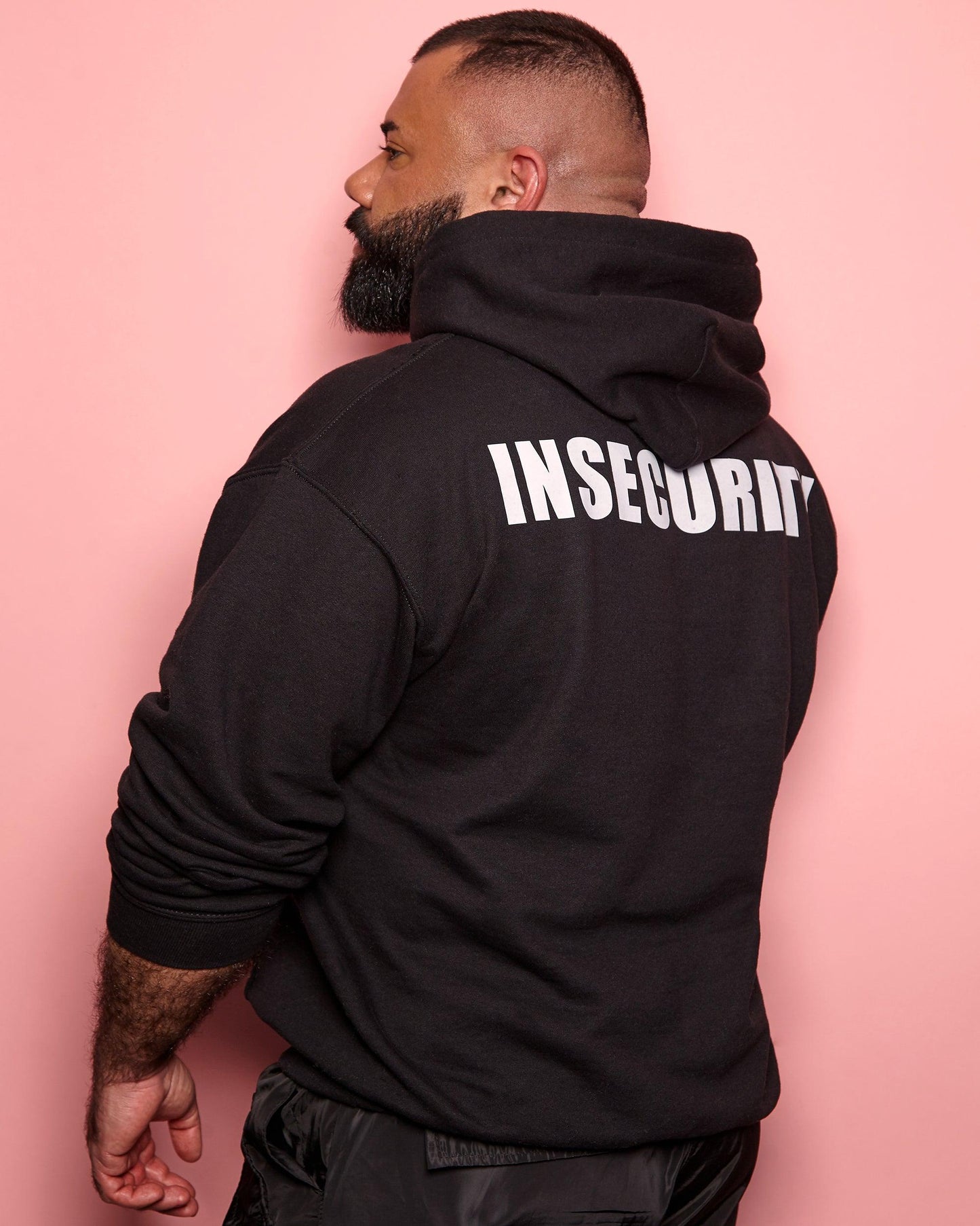 INSECURITY, white on black - pullover hoodie.
