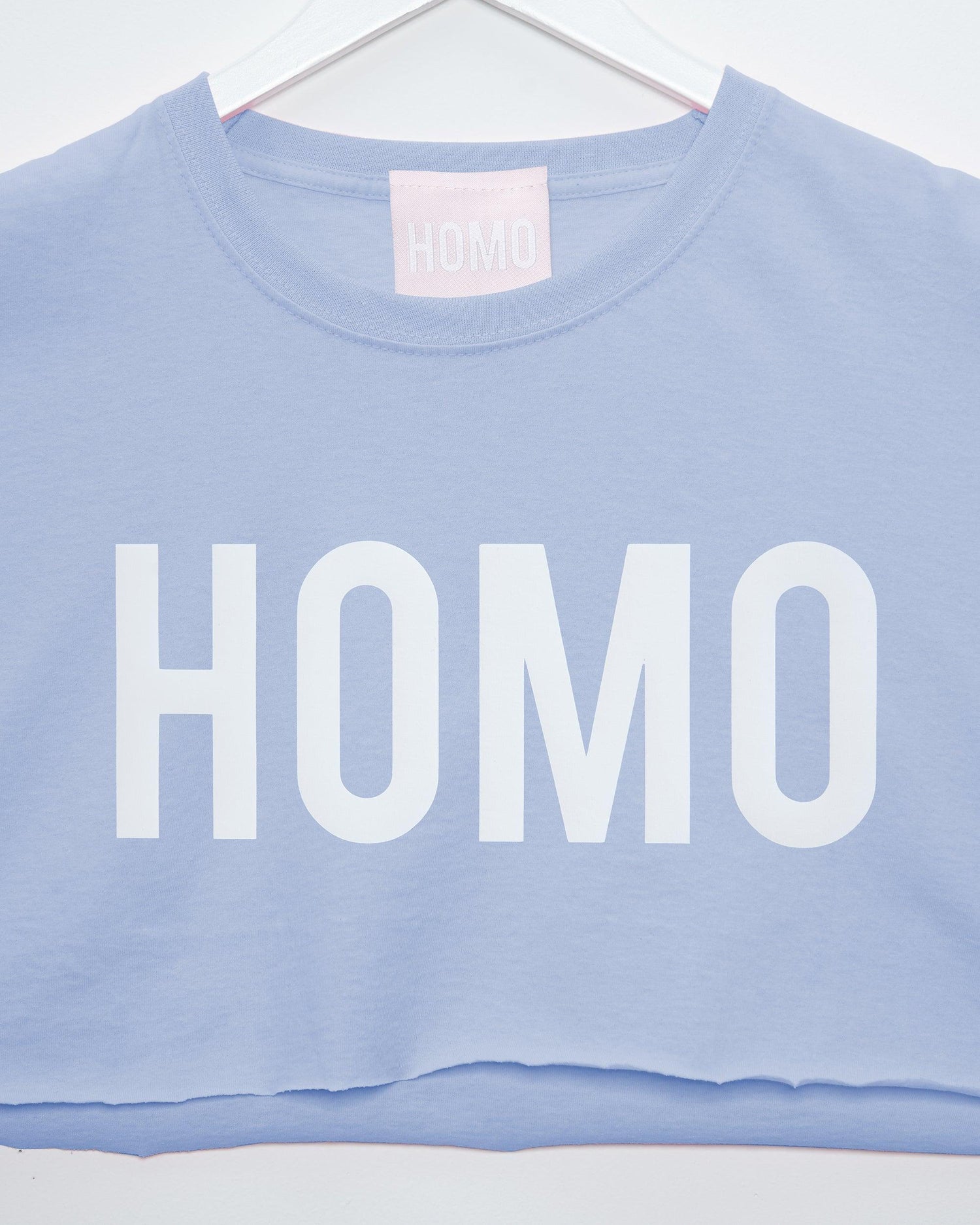 HOMO, mens sleeveless crop top - White on light Blue. - HOMOLONDON