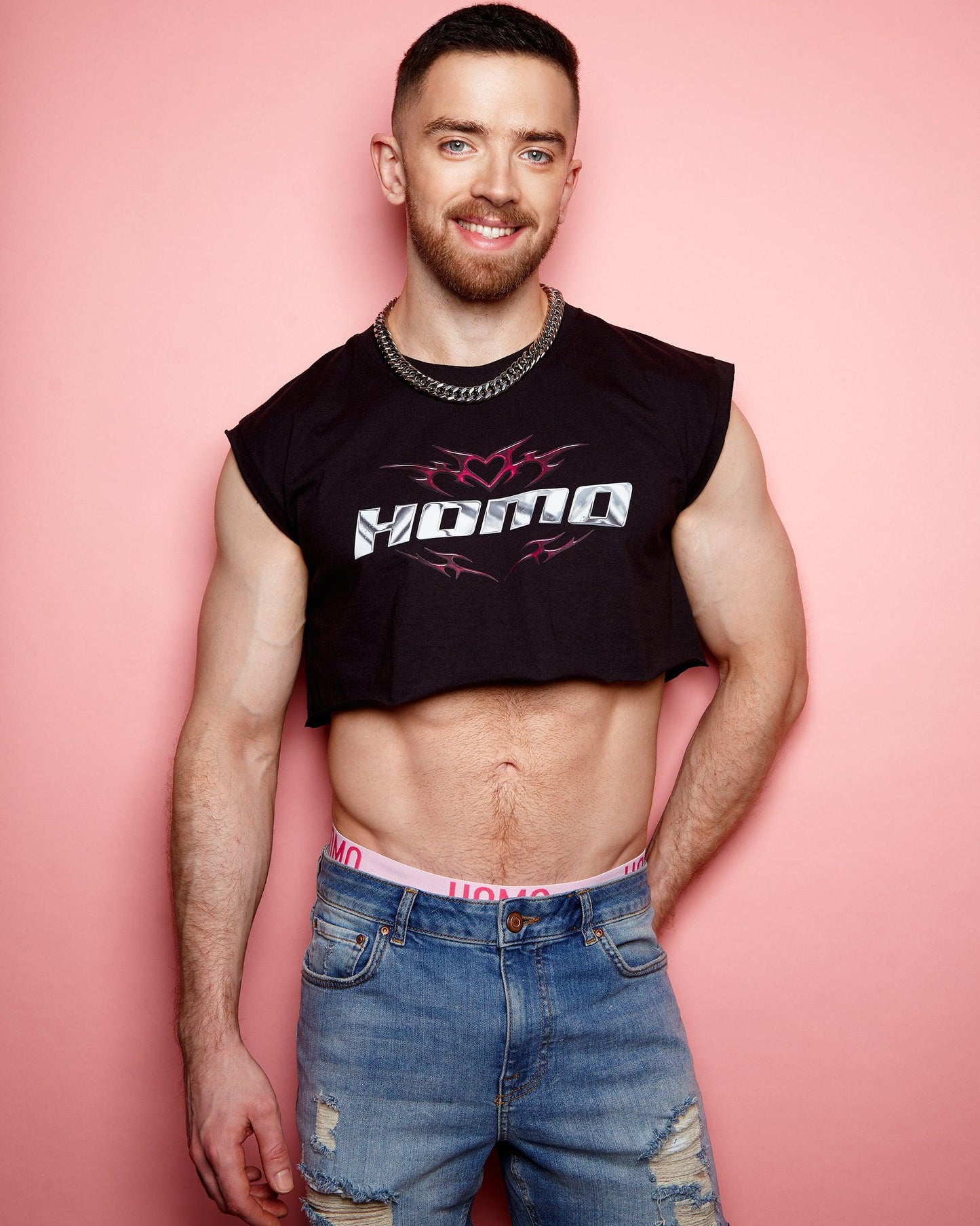 Chrome Y2K: HOMO, silver and pink on black - mens sleeveless crop top. - HOMOLONDON