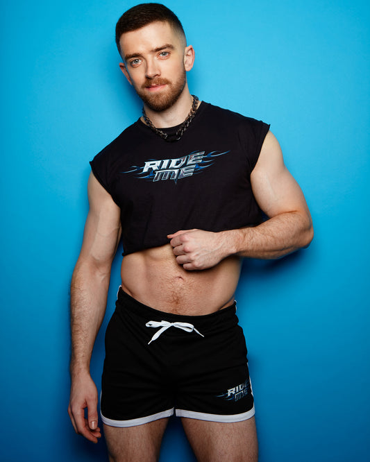 Double pack - Chrome Y2K: RIDE ME, silver on black - sleeveless crop and short shorts - Full outfit.