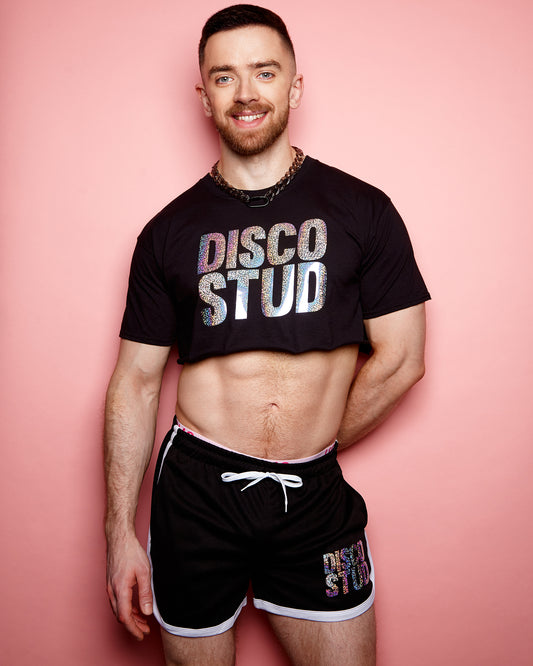 Double pack - Disco stud, hologram sparkle on black - crop top and short shorts - Full outfit.