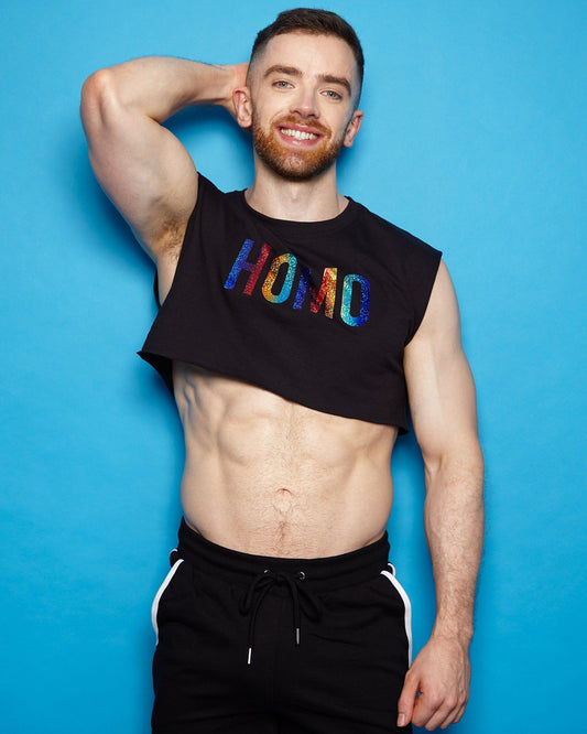 HOMO Rainbow Glitter on Black - mens sleeveless crop top. - HOMOLONDON