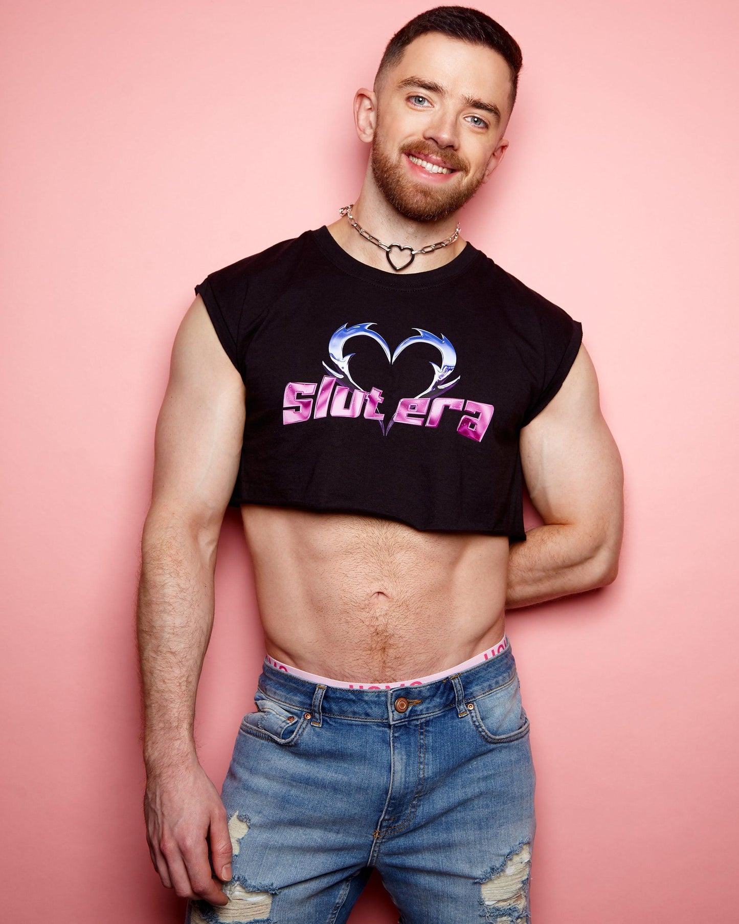 Chrome Y2K: SLUT ERA, chrome and pink on black - mens sleeveless crop top. - HOMOLONDON