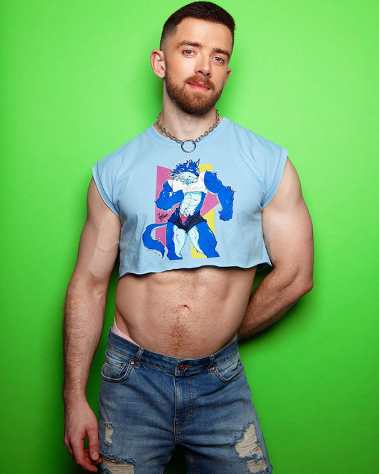 ZACH BRUNNER! shhh don't look now, here comes that sexy neon wolf! - blue, sleeveless crop top