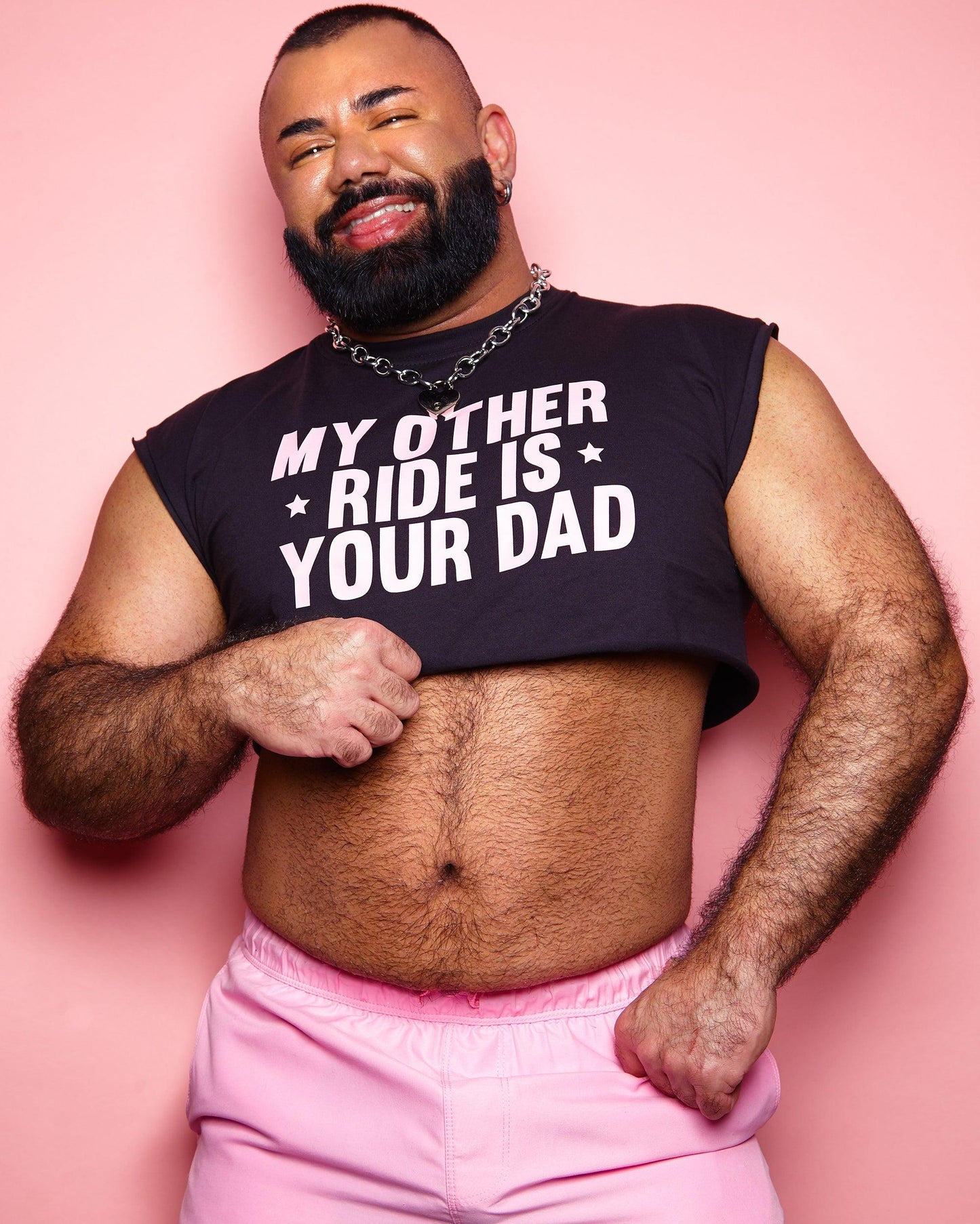 My other ride is your dad, pink on black - Sleeveless crop-top.