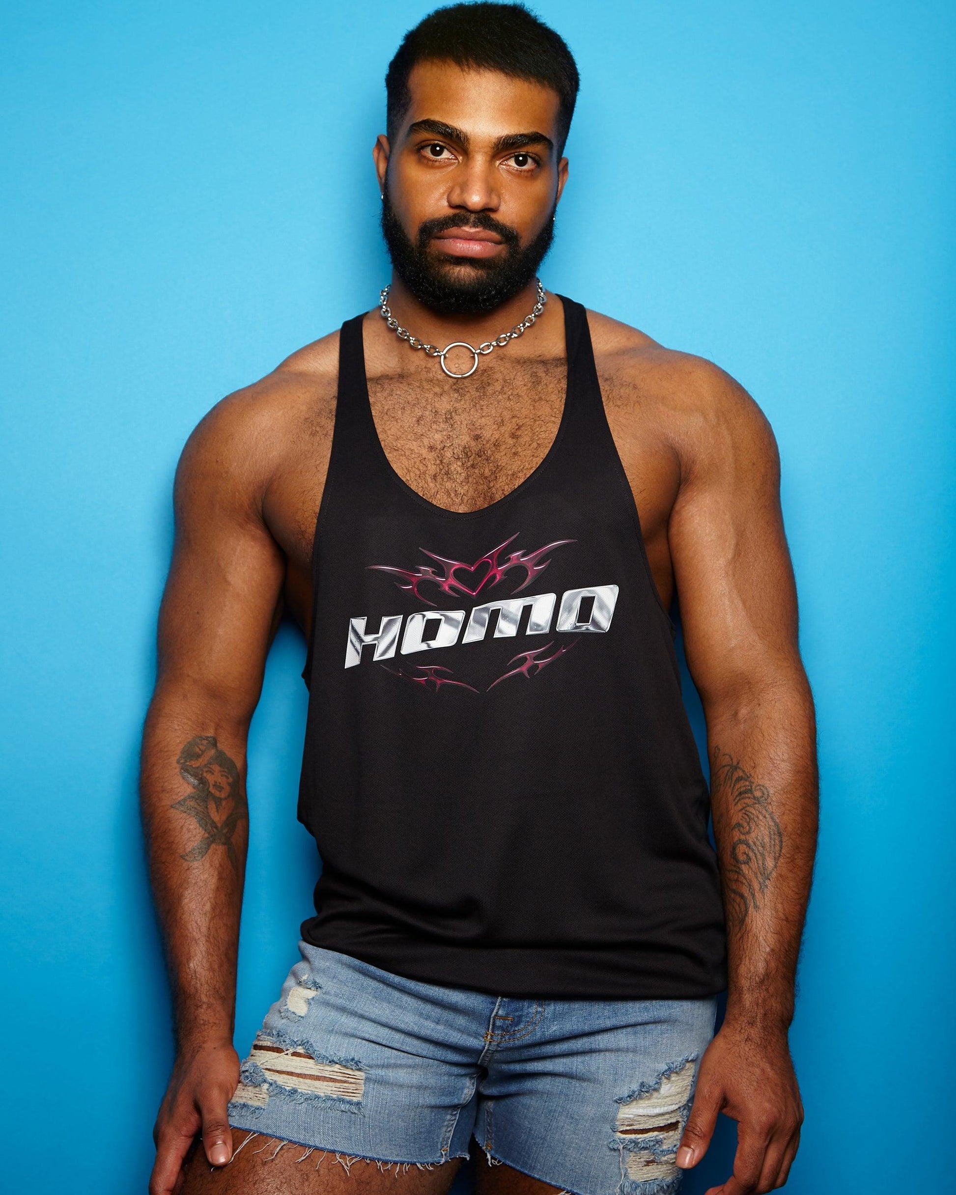 Chrome Y2K: HOMO, silver and pink on black - Tank - HOMOLONDON