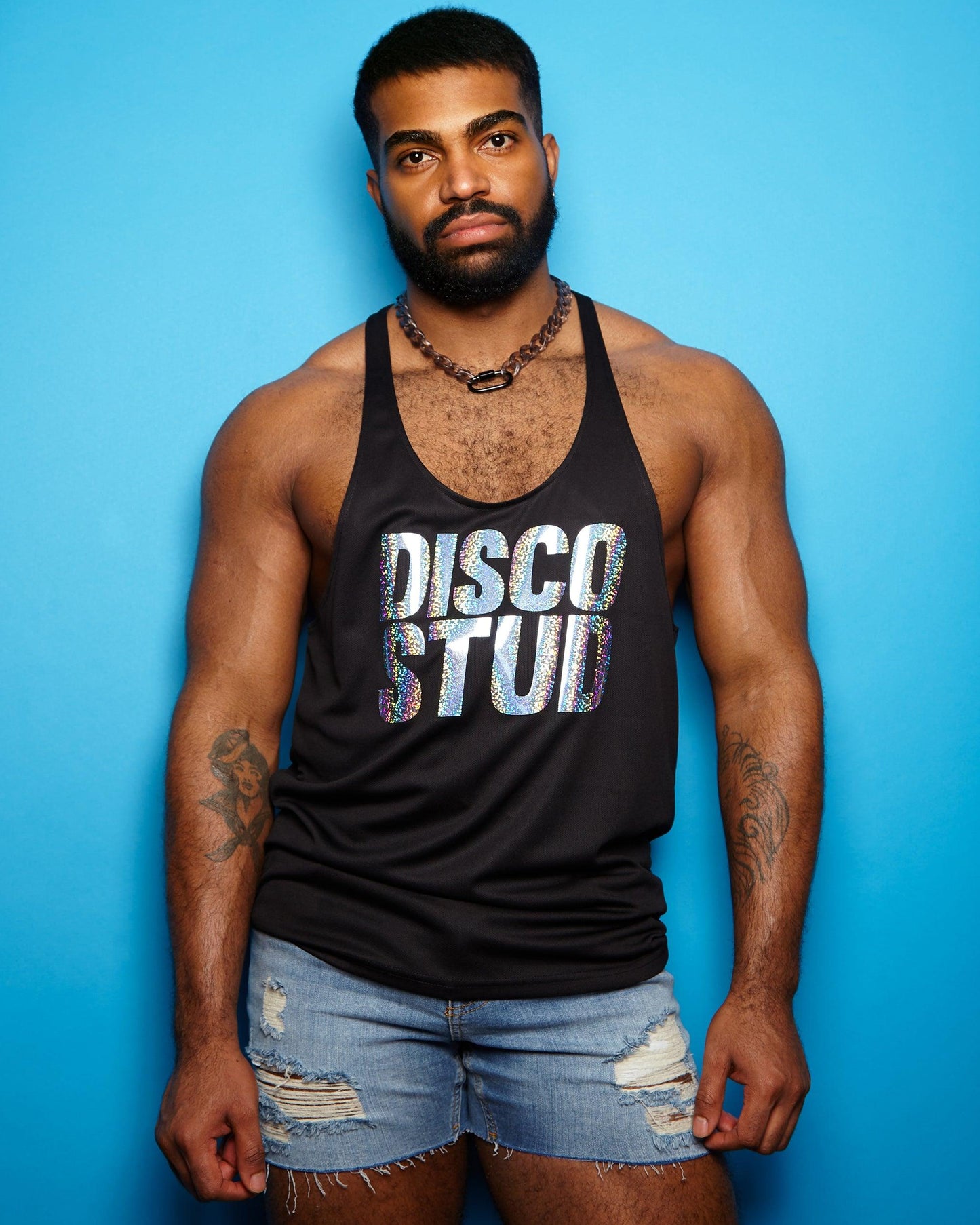 Disco stud, hologram sparkle on black - tank. - HOMOLONDON
