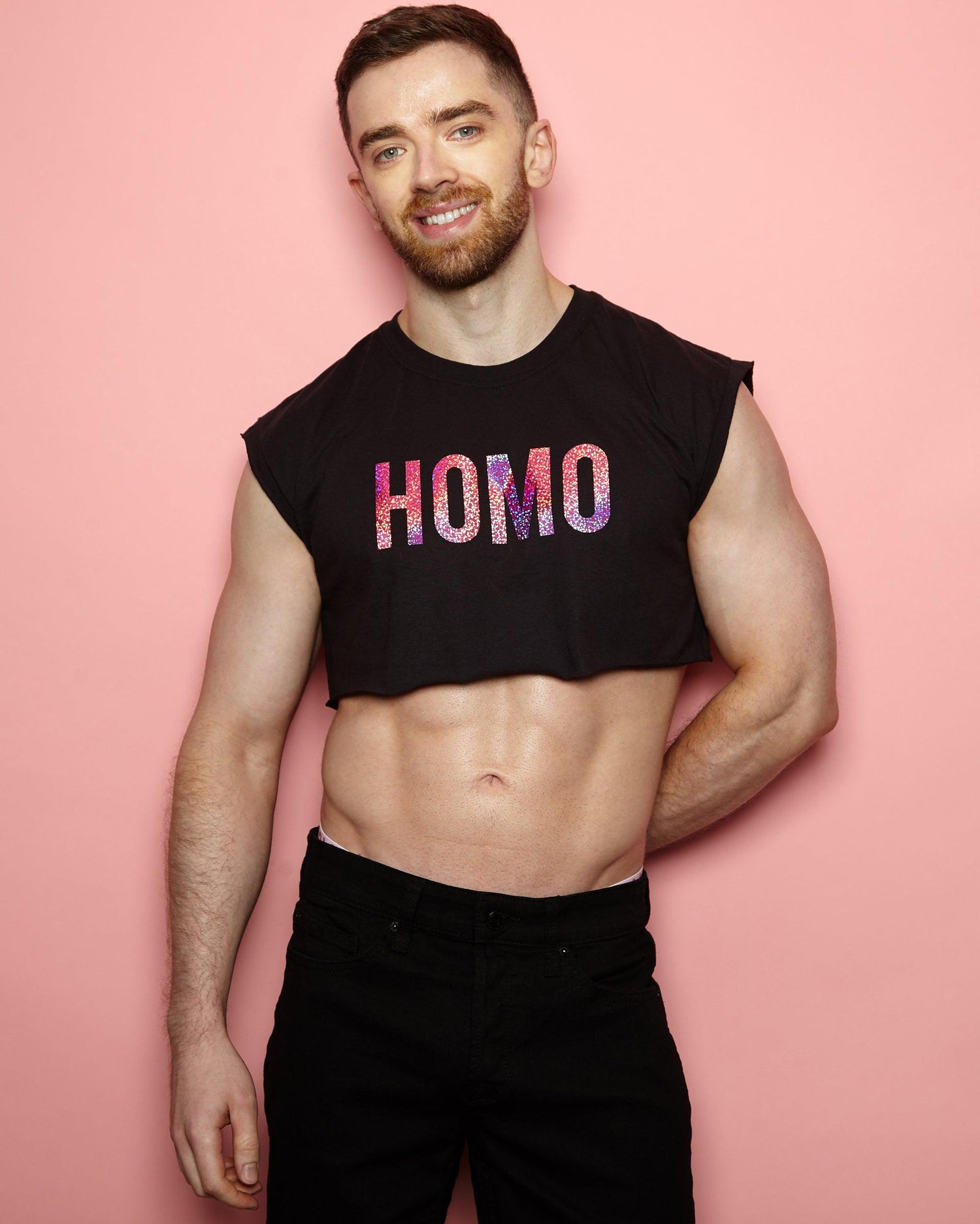 Sparkly Pink HOMO, mens sleeveless crop - Pink on Black - HOMOLONDON