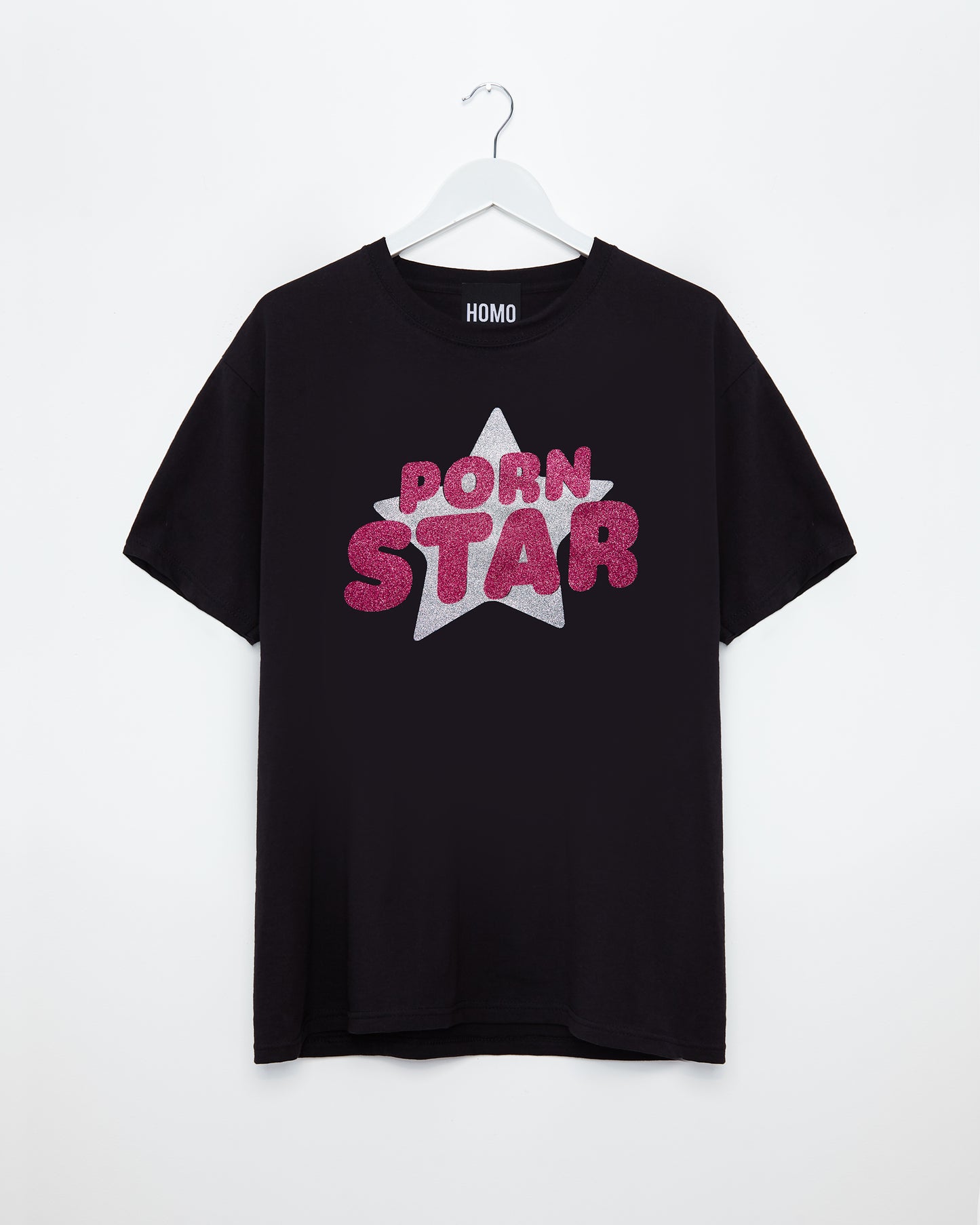 PORN STAR, Pink/silver glitter on black - tee