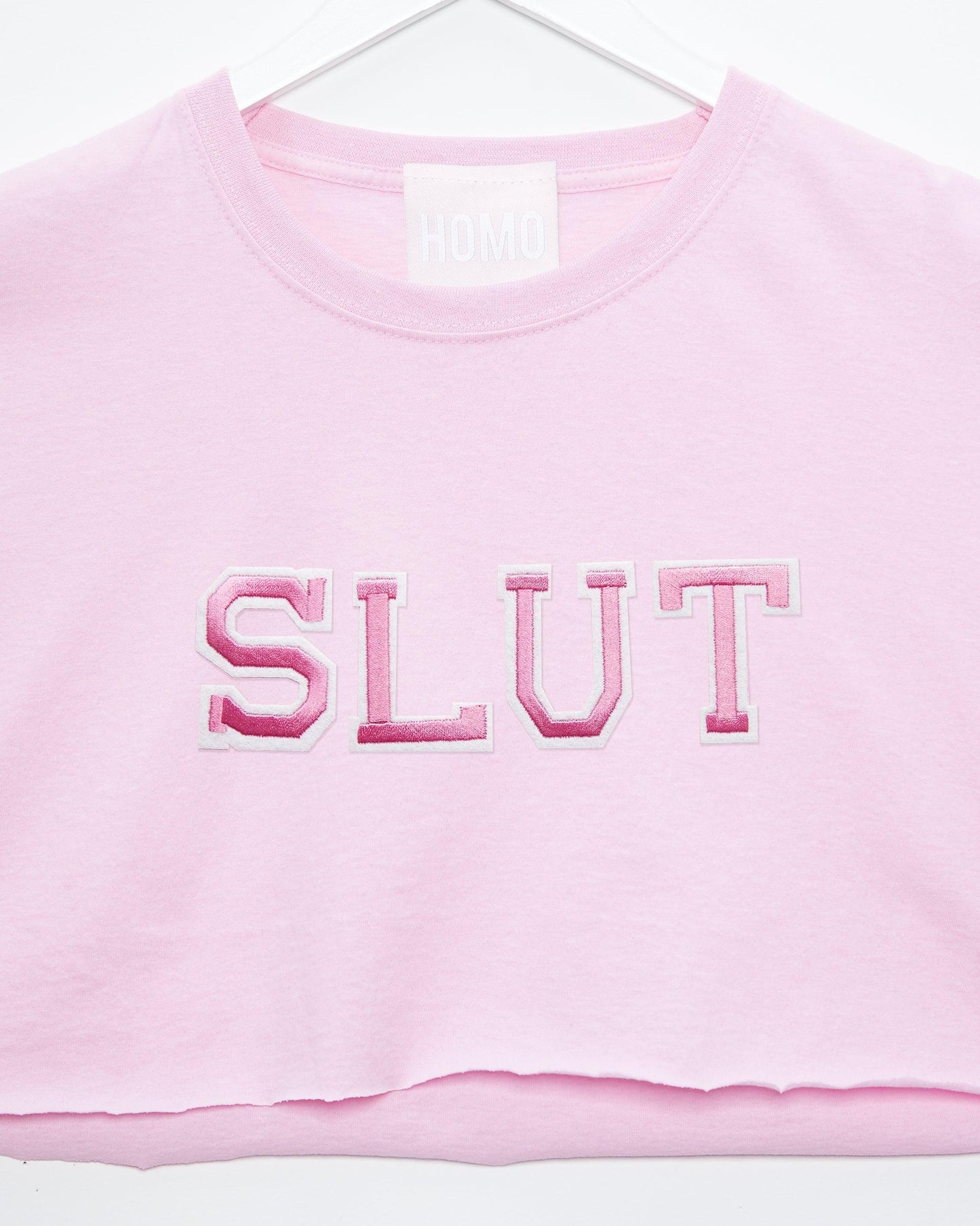 Varsity style slut embroidery on pink - mens crop top. - HOMOLONDON