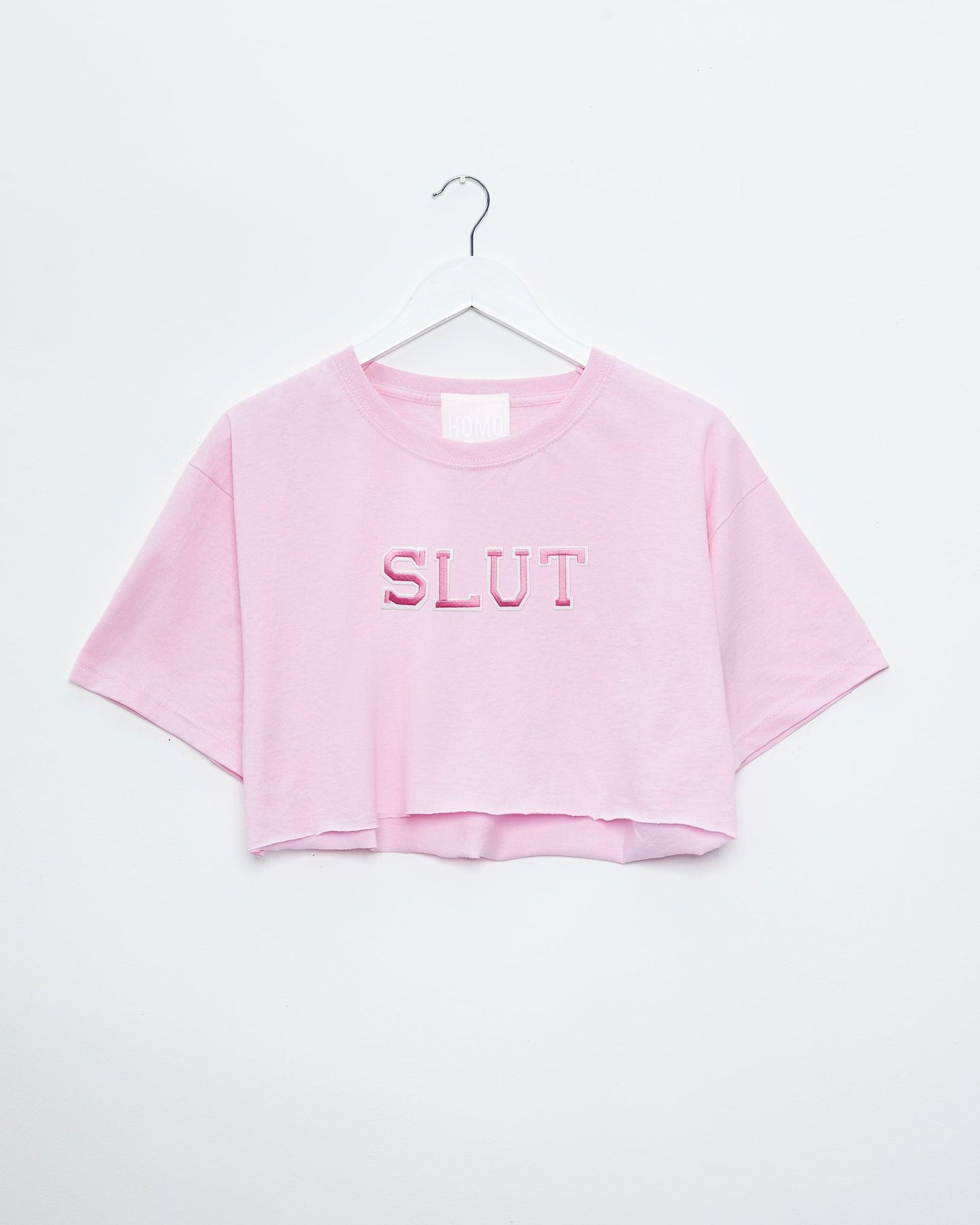 Varsity style slut embroidery on pink - crop top.