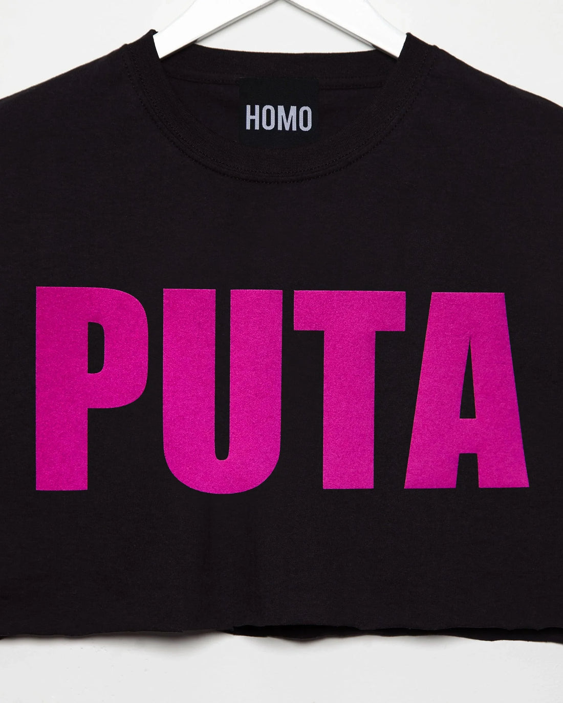PUTA, fuchsia flock print on black - mens sleeveless crop top. - HOMOLONDON