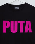 PUTA, fuchsia flock on black - tee - HOMOLONDON