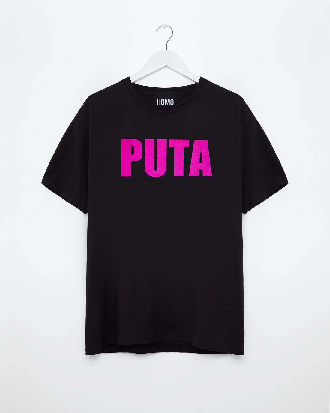 PUTA, fuchsia flock on black - tee - HOMOLONDON