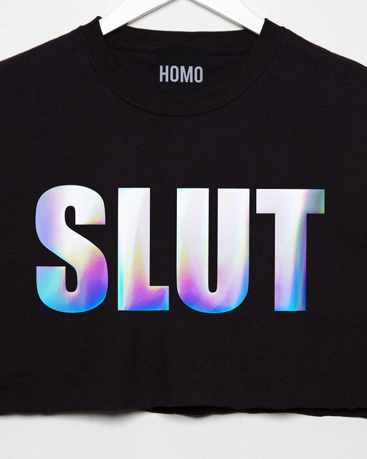 SLUT, hologram on black - mens sleeveless crop top. - HOMOLONDON