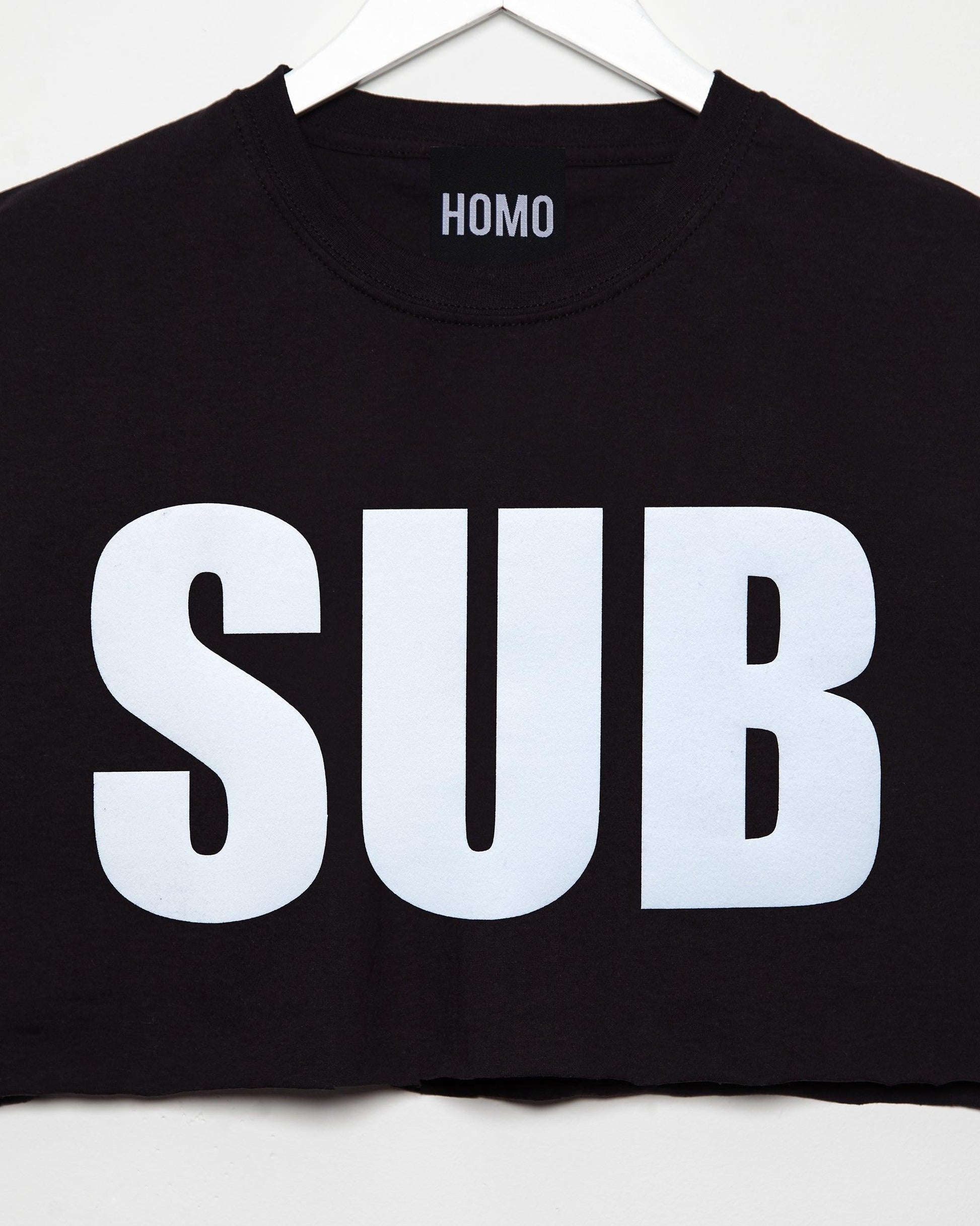 SUB, white flock print on black - mens sleeveless crop top. - HOMOLONDON