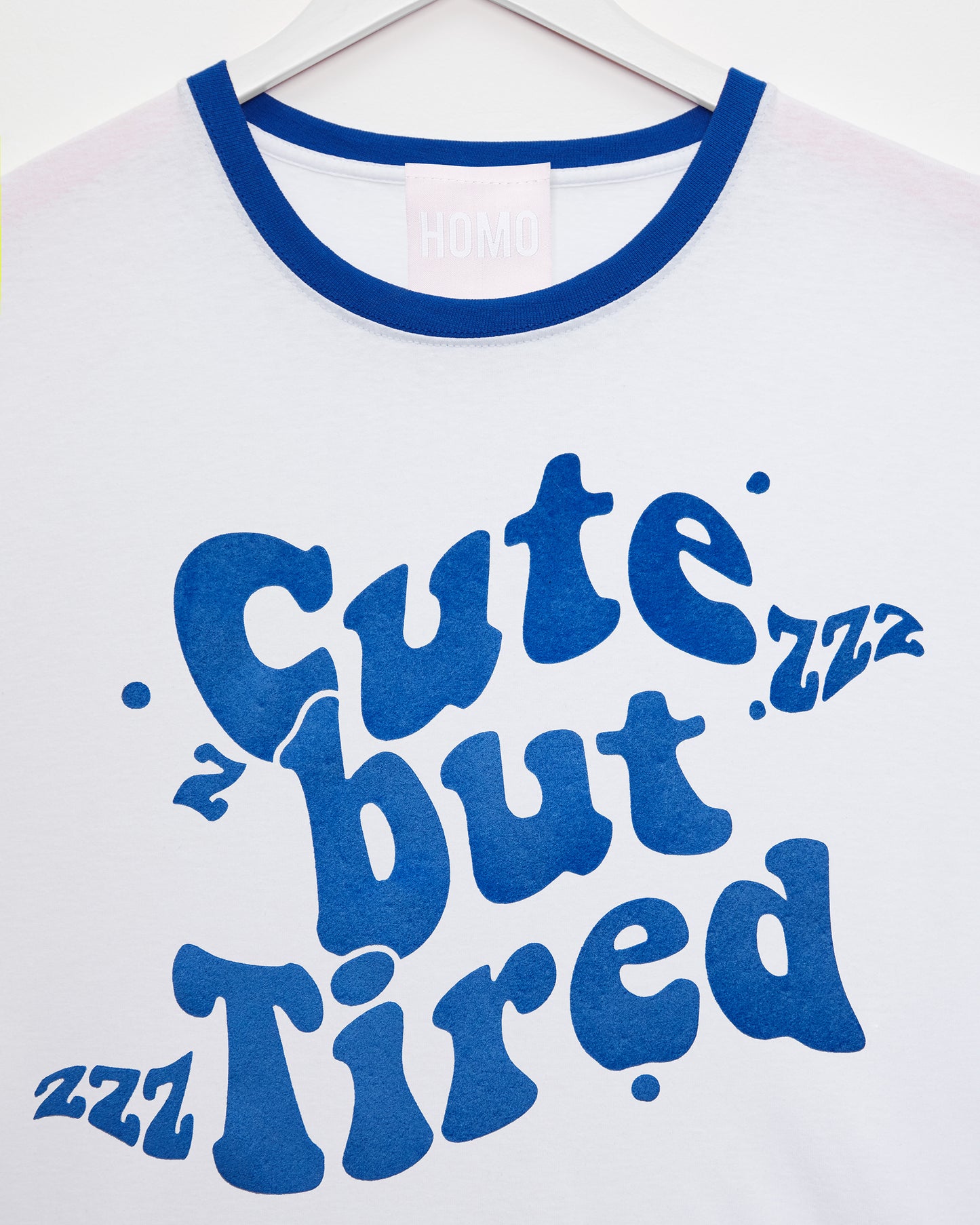 Cute but tired, blue flock print on white - blue trim (slim fit) tee