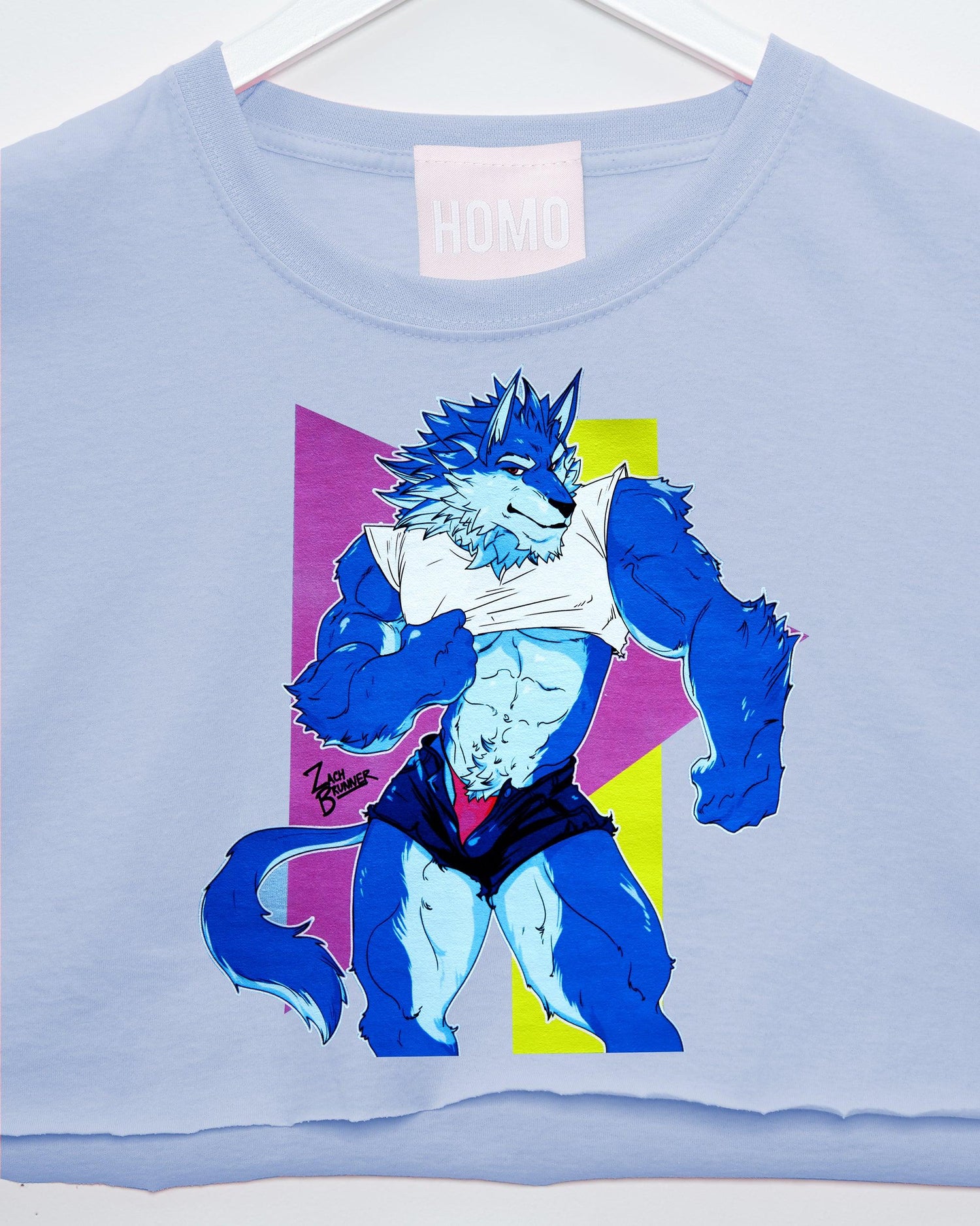 Magnus the wolf on blue - mens sleeveless crop top - HOMOLONDON