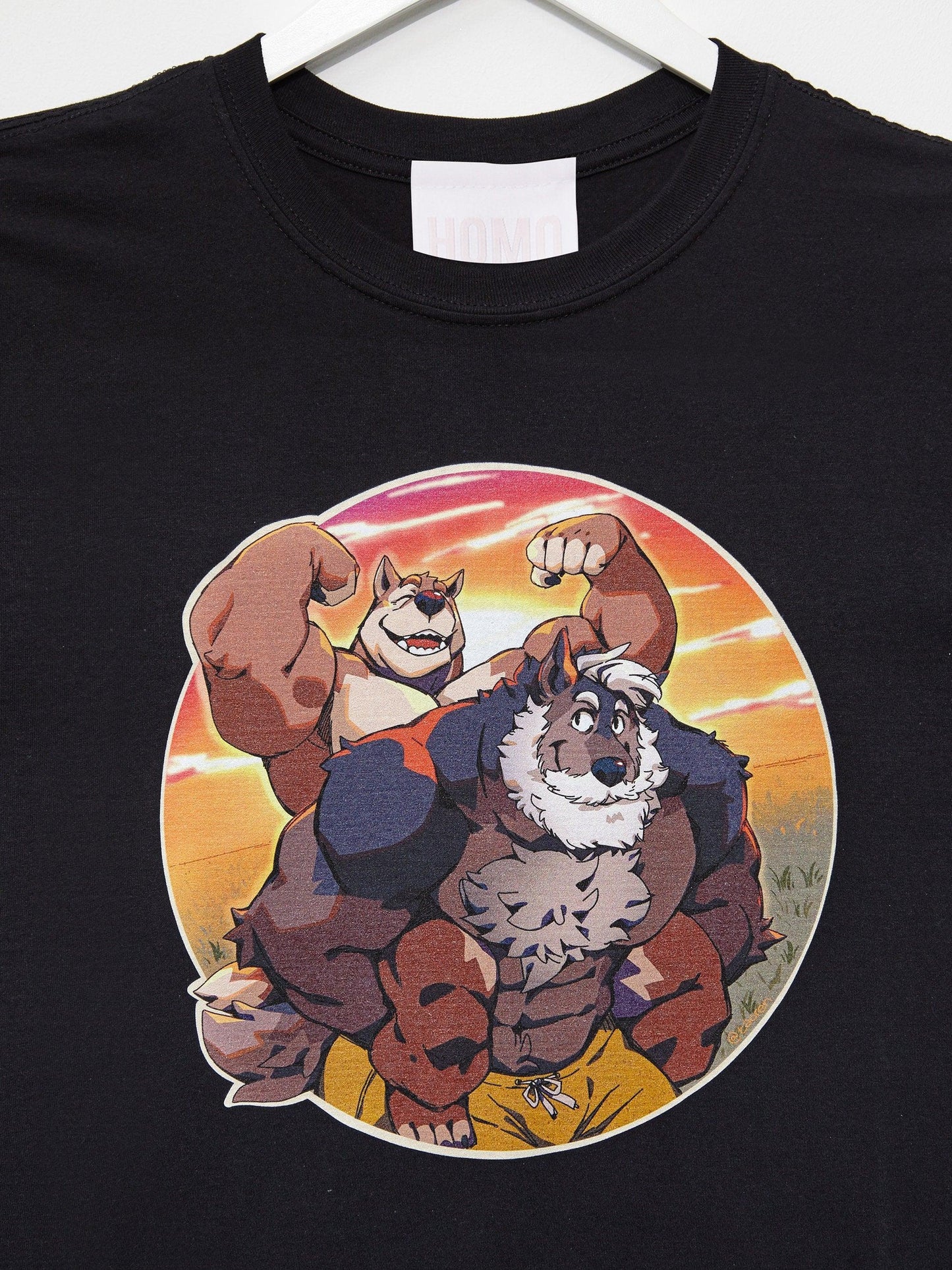 CLEARANCE TAOREN! In BLACK Hunter and Max, Daddy and Pup piggyback at sunset - Furry Tee.