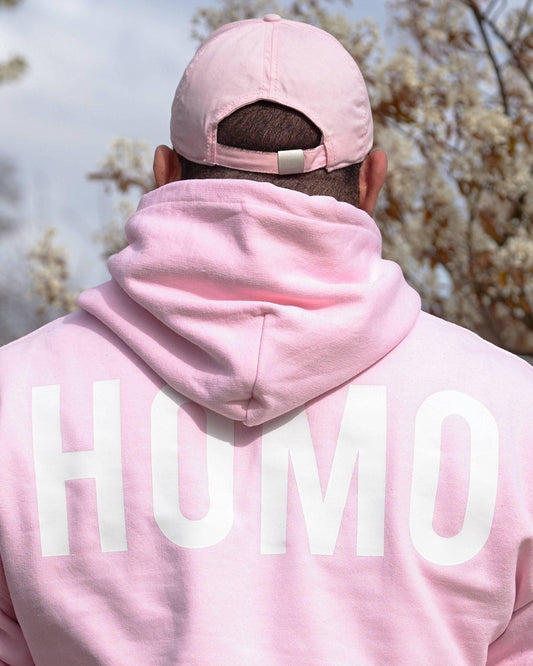 HOMO logo, white on pink - pullover hoodie - HOMOLONDON